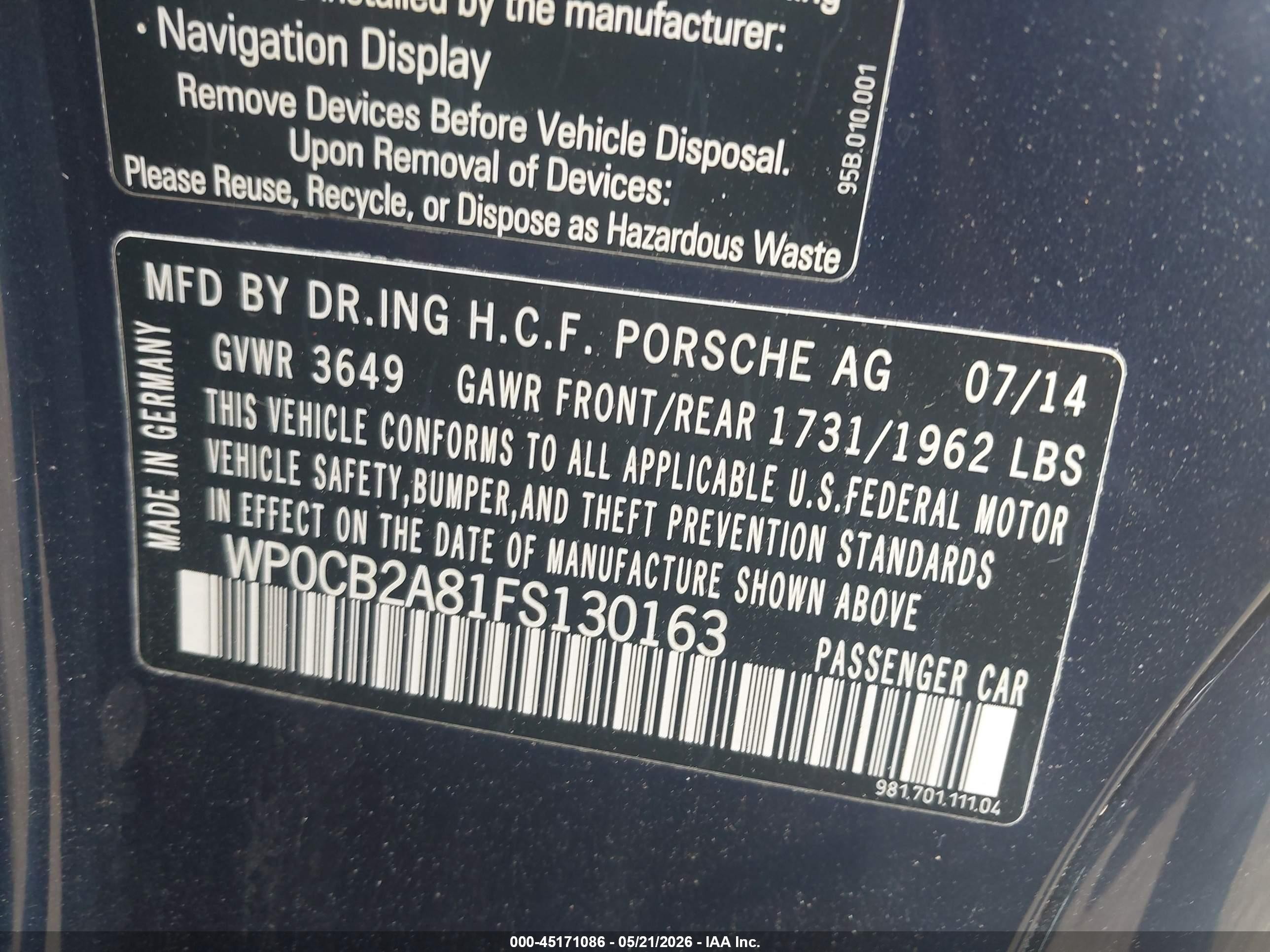 2015 Porsche Boxster Gts/s Blue vin: WP0CB2A81FS130163