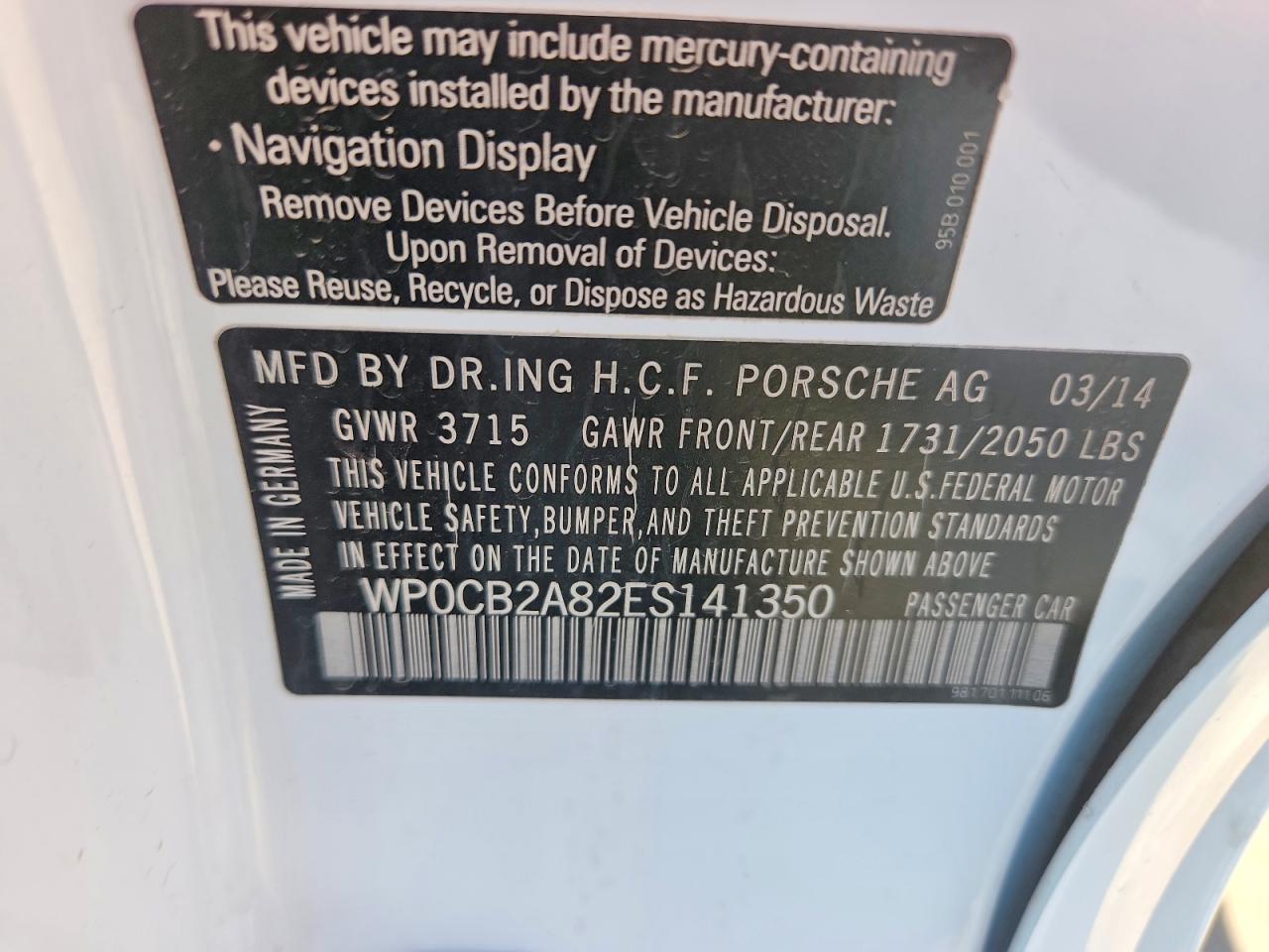 2014 Porsche Boxster S White vin: WP0CB2A82ES141350