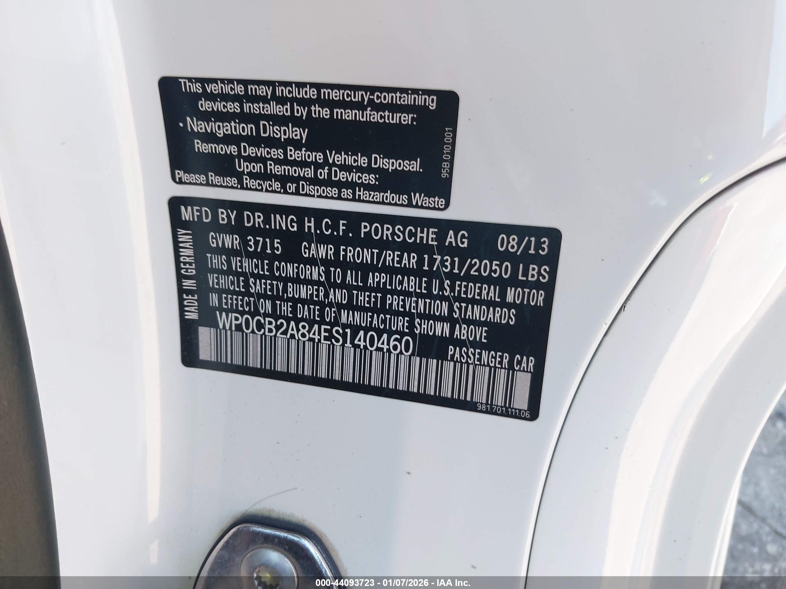 2014 Porsche Boxster S Белый vin: WP0CB2A84ES140460