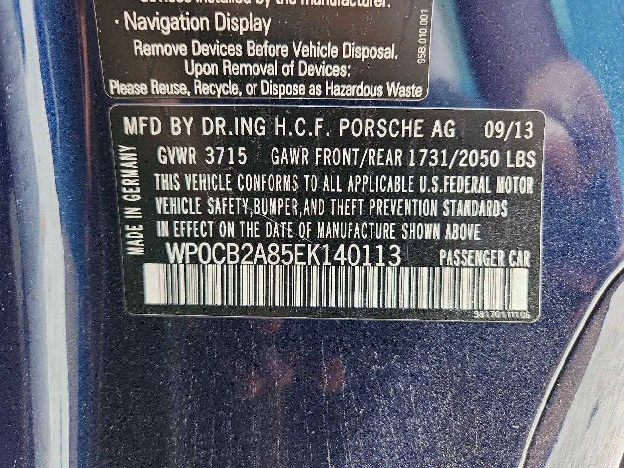 2014 Porsche Boxster S Blue vin: WP0CB2A85EK140113