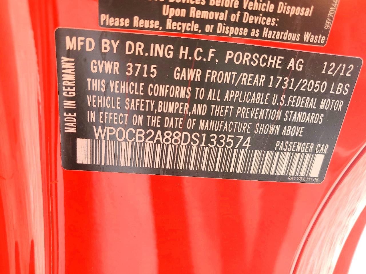 2013 Porsche Boxster S Red vin: WP0CB2A88DS133574
