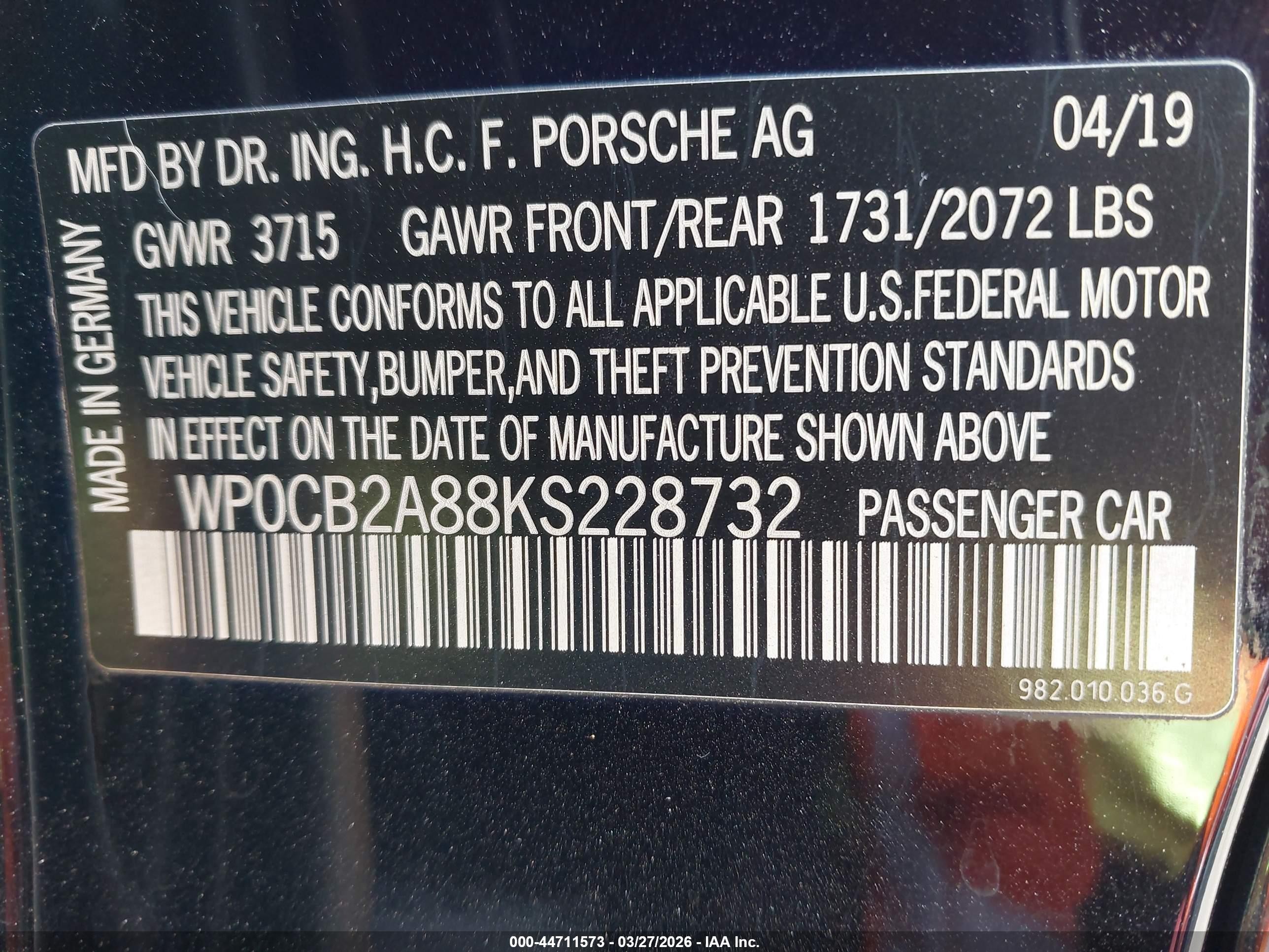 2019 Porsche 718 Boxster S Black vin: WP0CB2A88KS228732