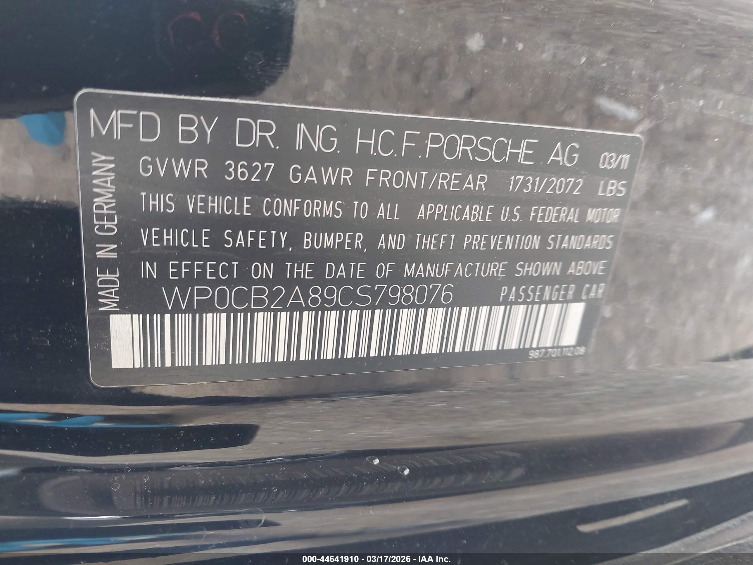 2012 Porsche Boxster   Black vin: WP0CB2A89CS798076