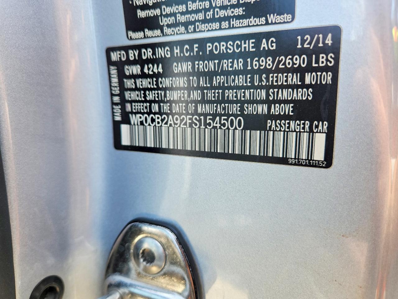 2015 Porsche 911 Silver vin: WP0CB2A92FS154500