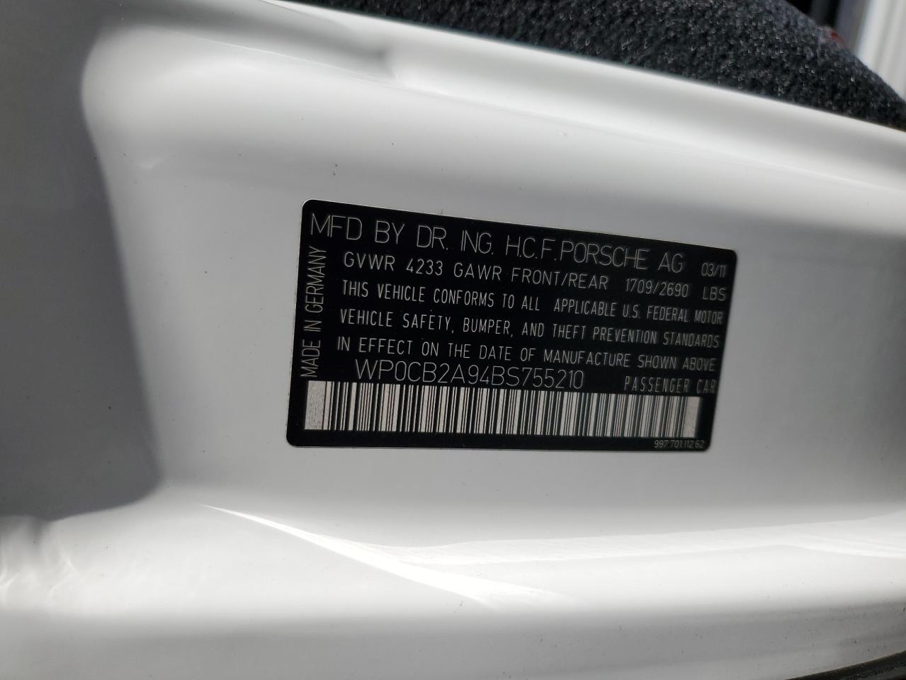 2011 Porsche 911 Carrera S White vin: WP0CB2A94BS755210