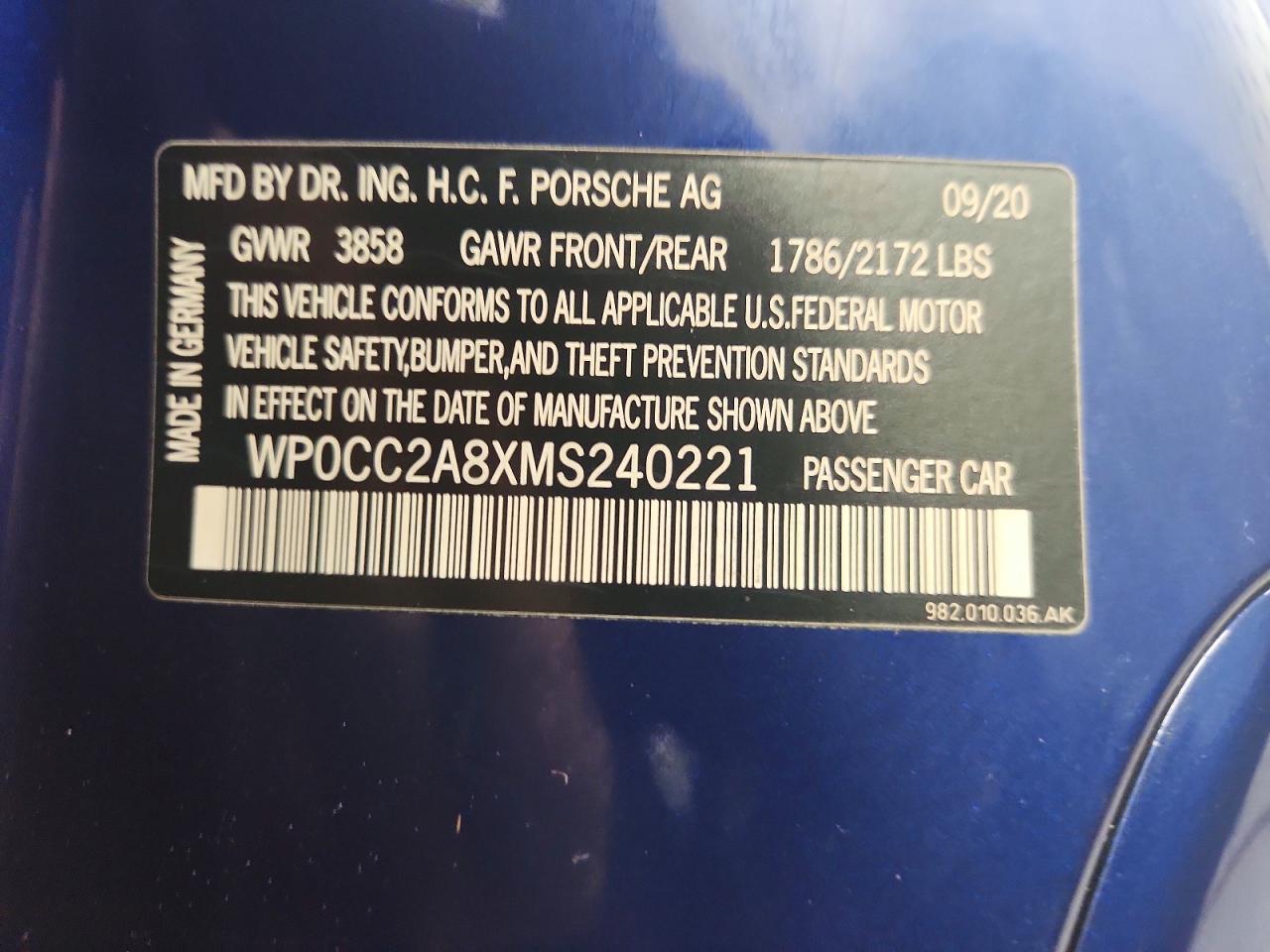 2021 Porsche Boxster Spyder Blue vin: WP0CC2A8XMS240221