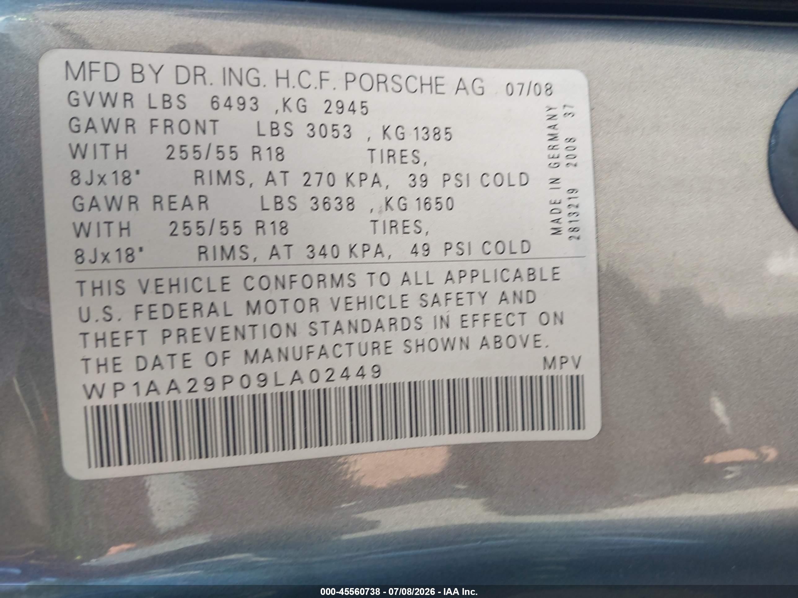 2009 Porsche Cayenne   Серый vin: WP1AA29P09LA02449