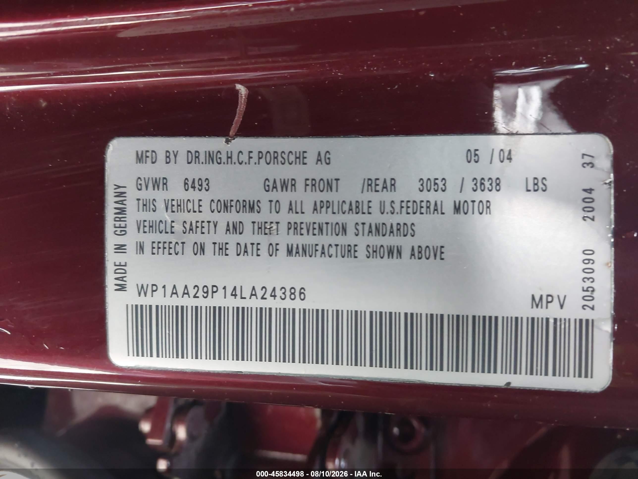 2004 Porsche Cayenne V6 Burgundy vin: WP1AA29P14LA24386