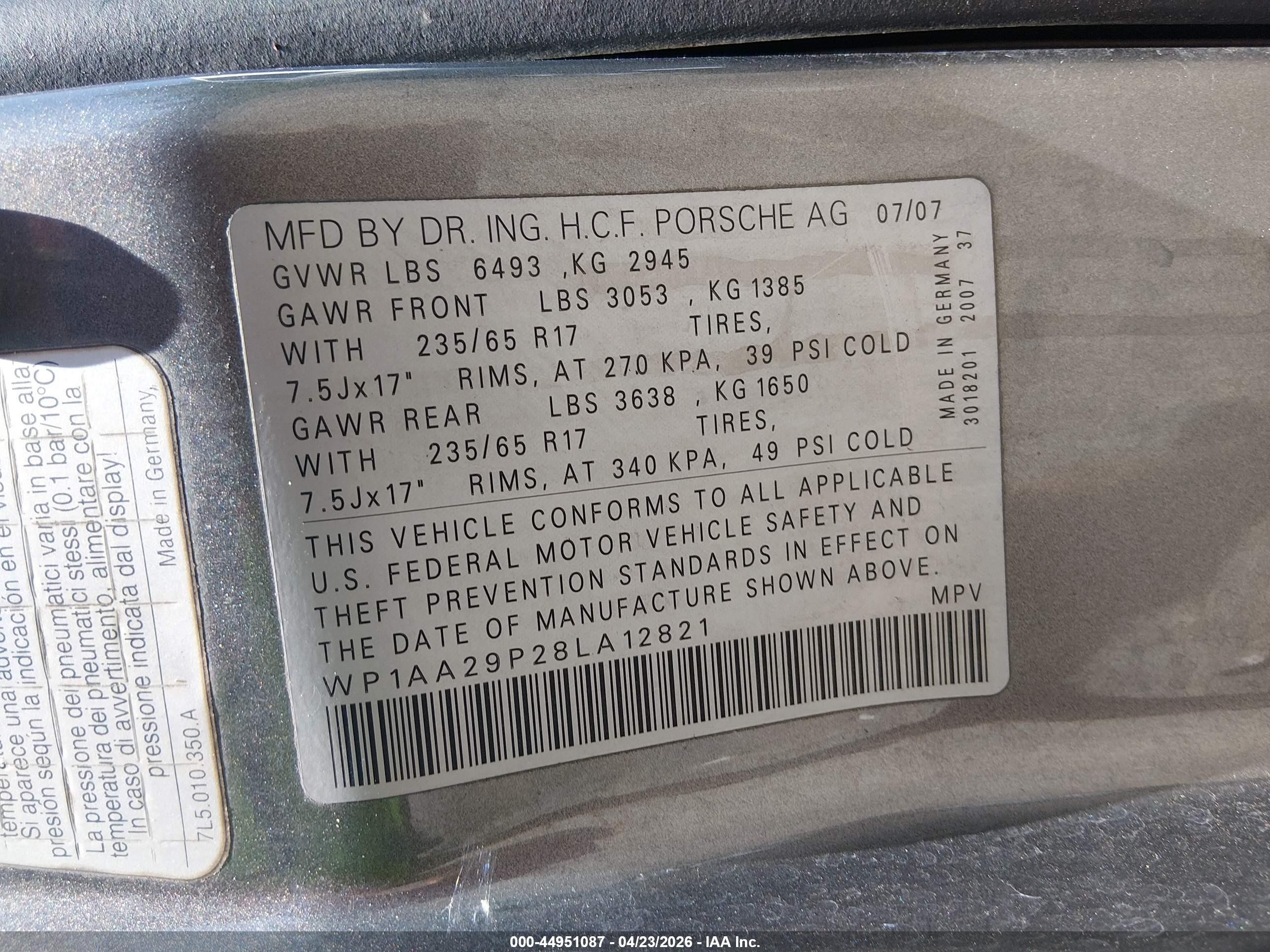 2008 Porsche Cayenne   Gray vin: WP1AA29P28LA12821