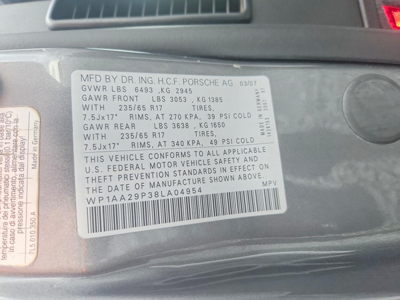 2008 Pors Cayenne Gray vin: WP1AA29P38LA04954