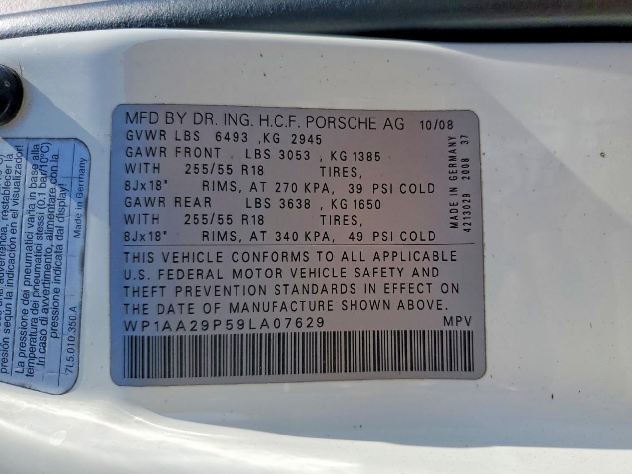 2009 Porsche Cayenne White vin: WP1AA29P59LA07629