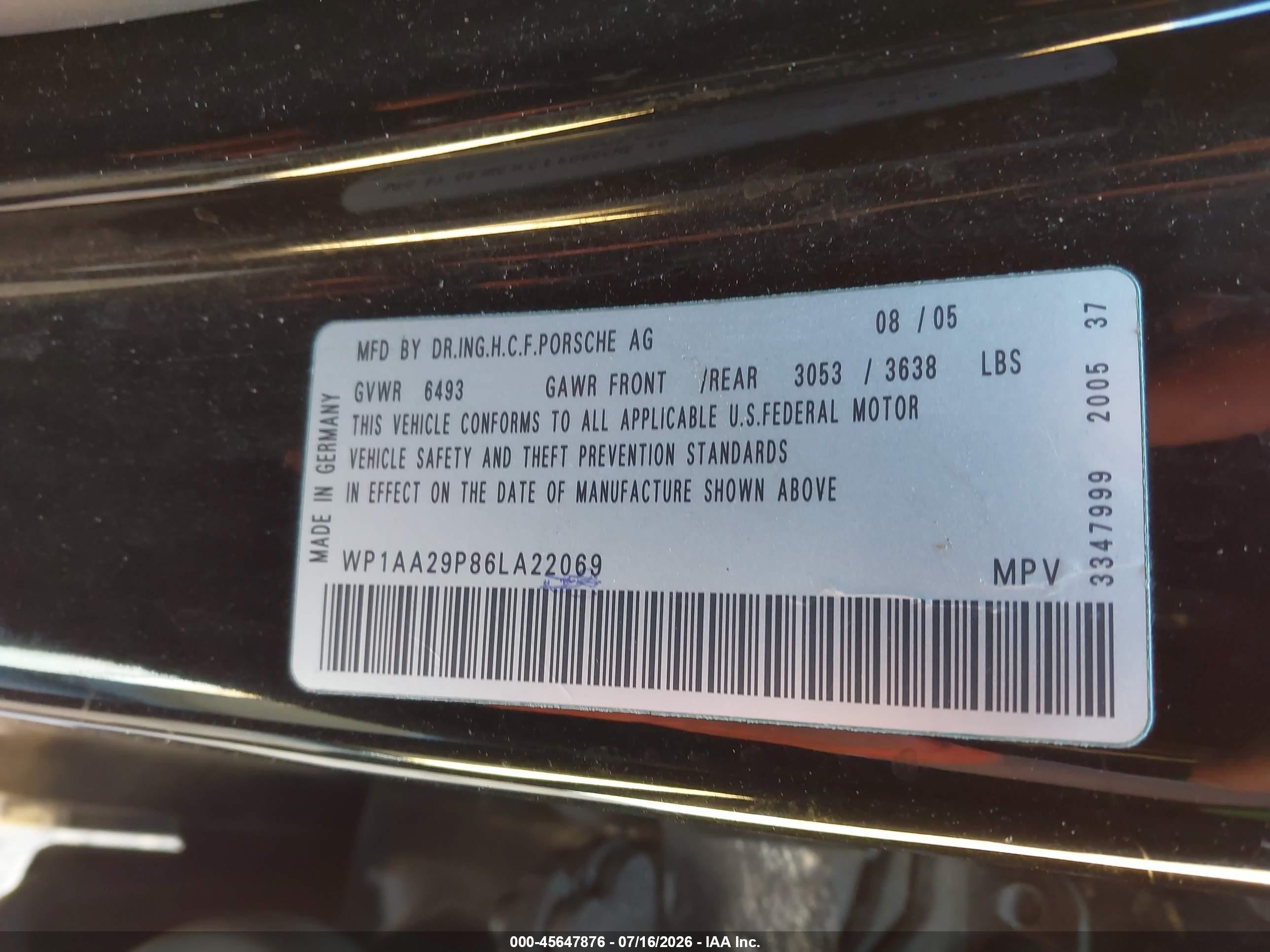 2006 Porsche Cayenne   Black vin: WP1AA29P86LA22069