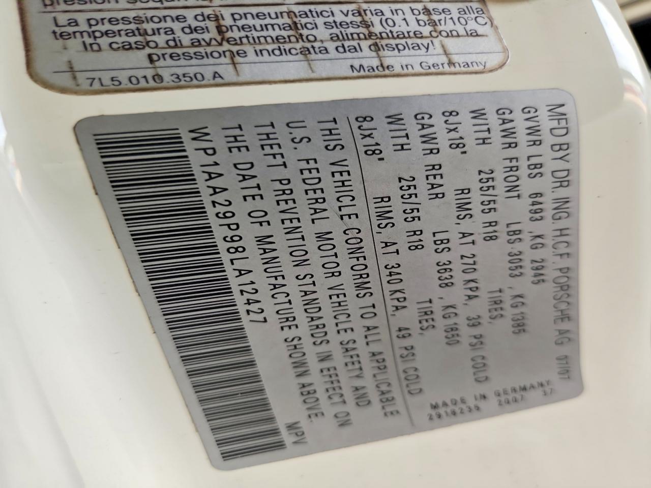 2008 Porsche Cayenne White vin: WP1AA29P98LA12427