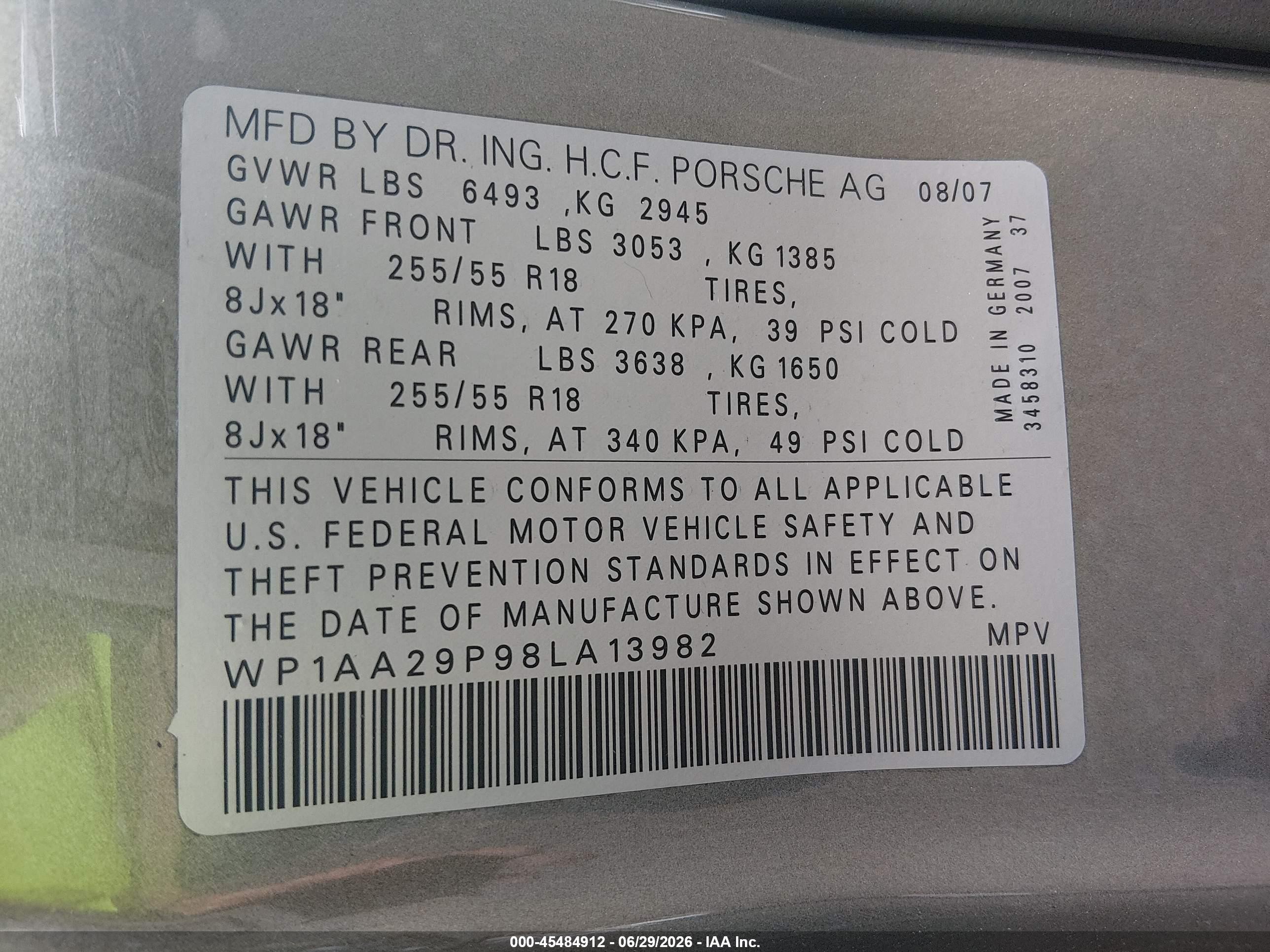 2008 Porsche Cayenne   Green vin: WP1AA29P98LA13982