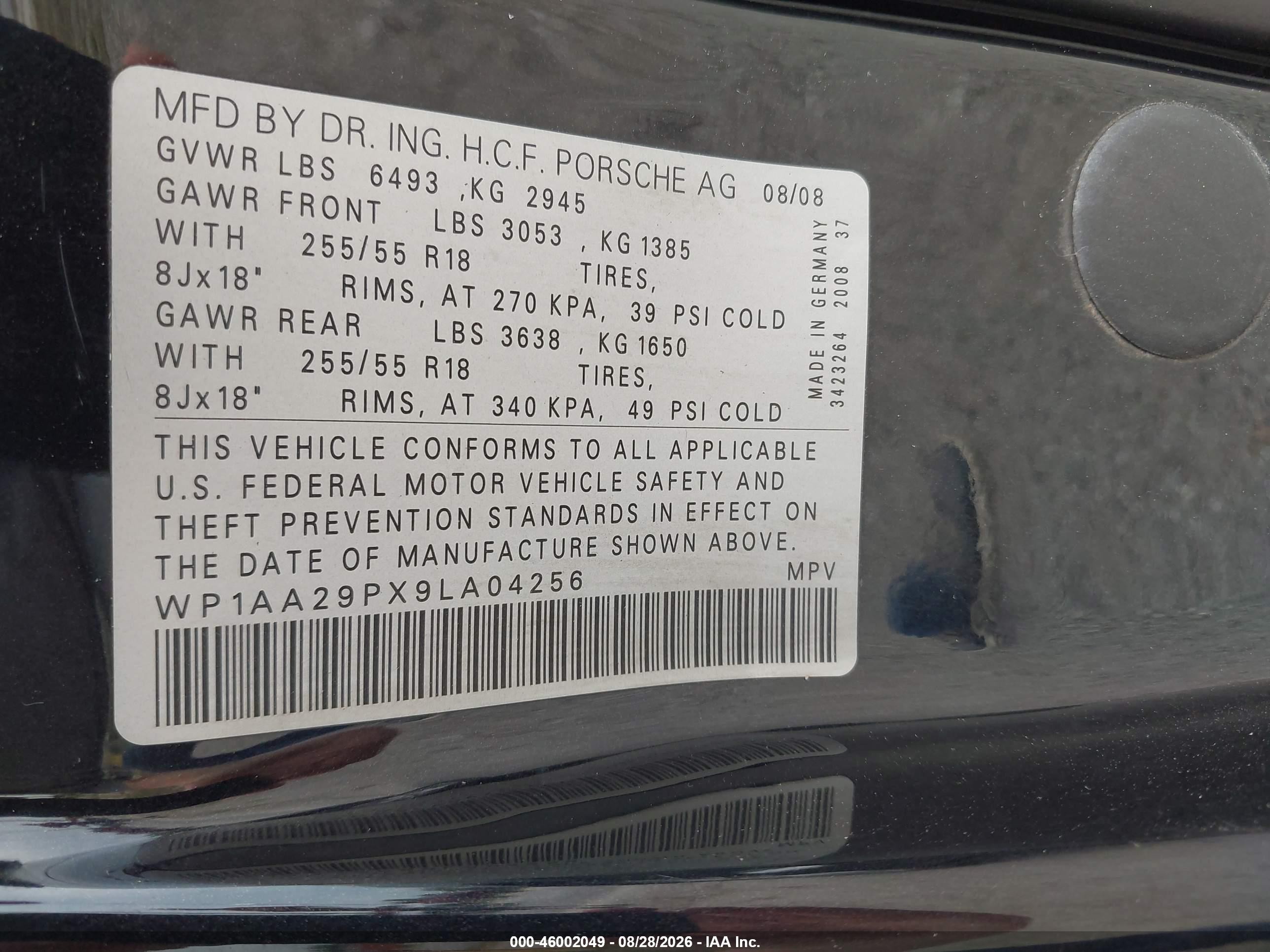 2009 Porsche Cayenne   Black vin: WP1AA29PX9LA04256