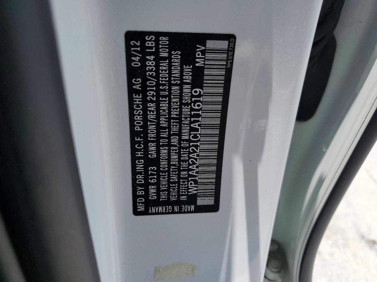 2012 Porsche Cayenne White vin: WP1AA2A21CLA11619