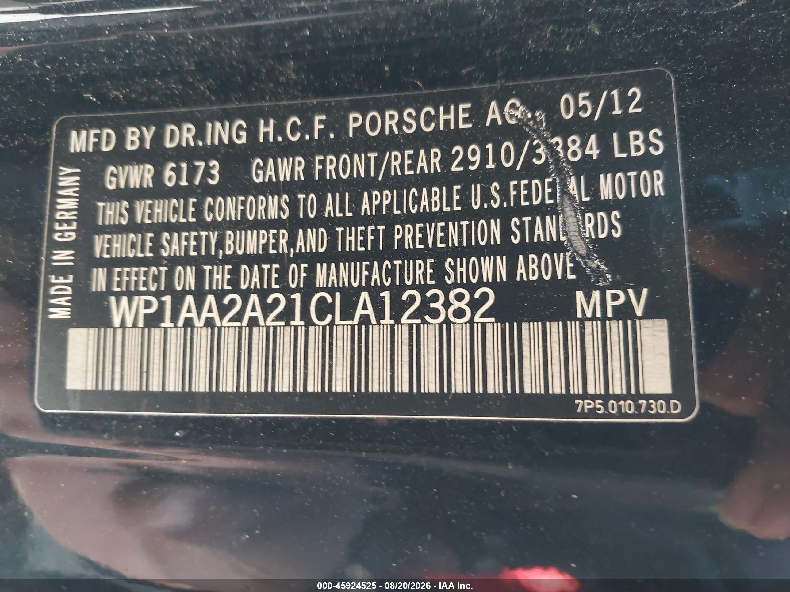 2012 Porsche Cayenne   Black vin: WP1AA2A21CLA12382