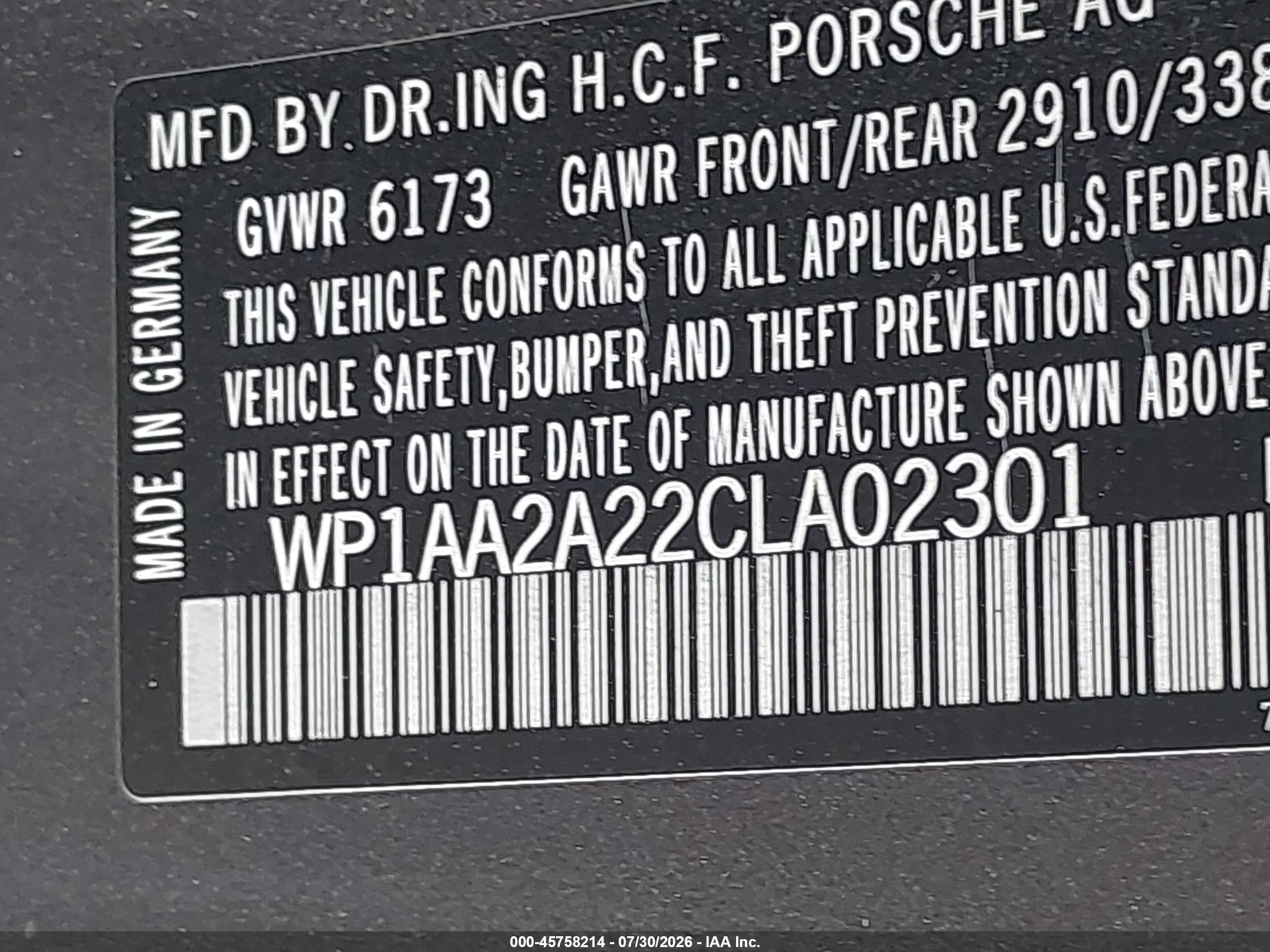 2012 Porsche Cayenne   Gray vin: WP1AA2A22CLA02301