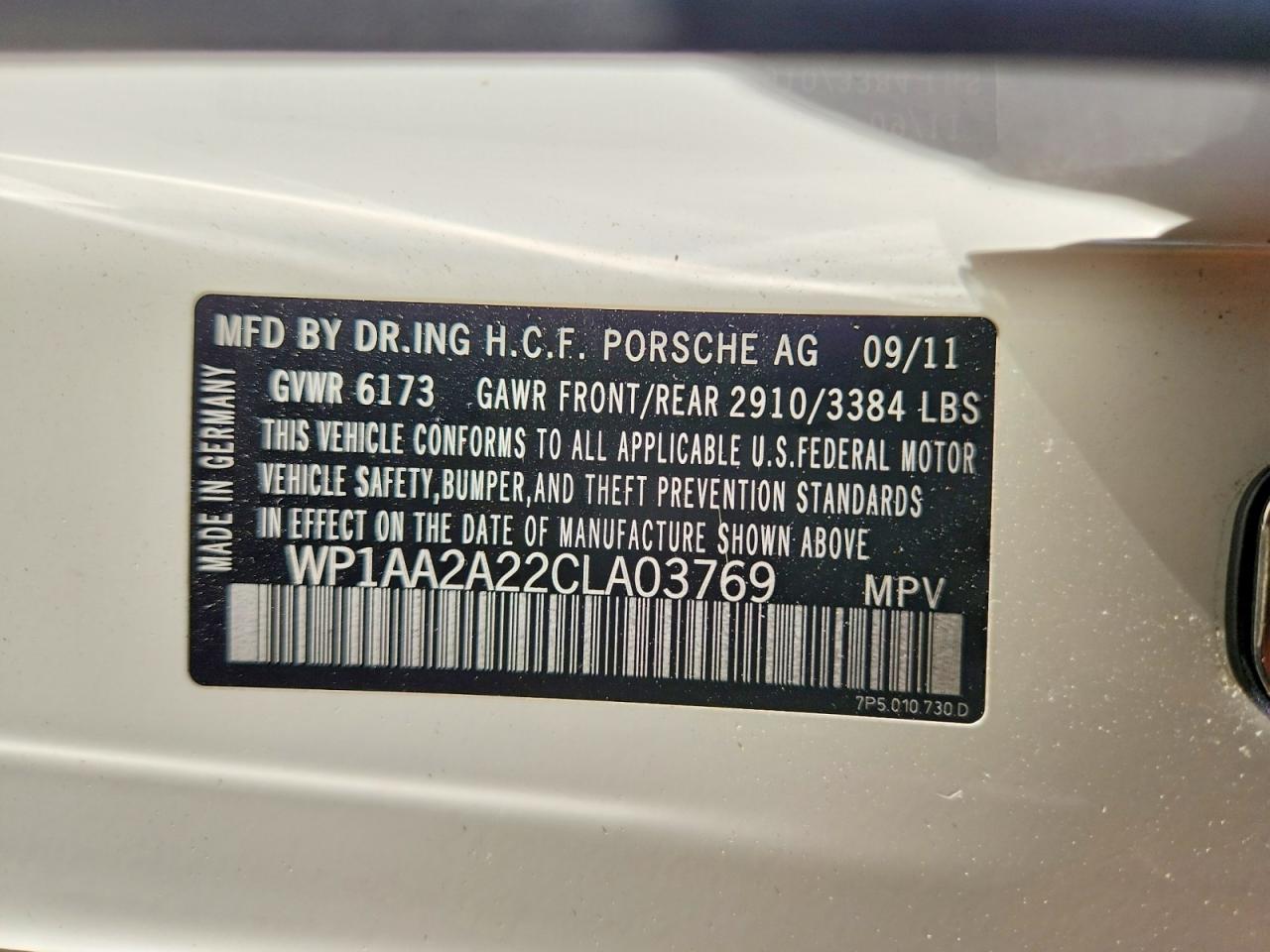 2012 Porsche Cayenne White vin: WP1AA2A22CLA03769