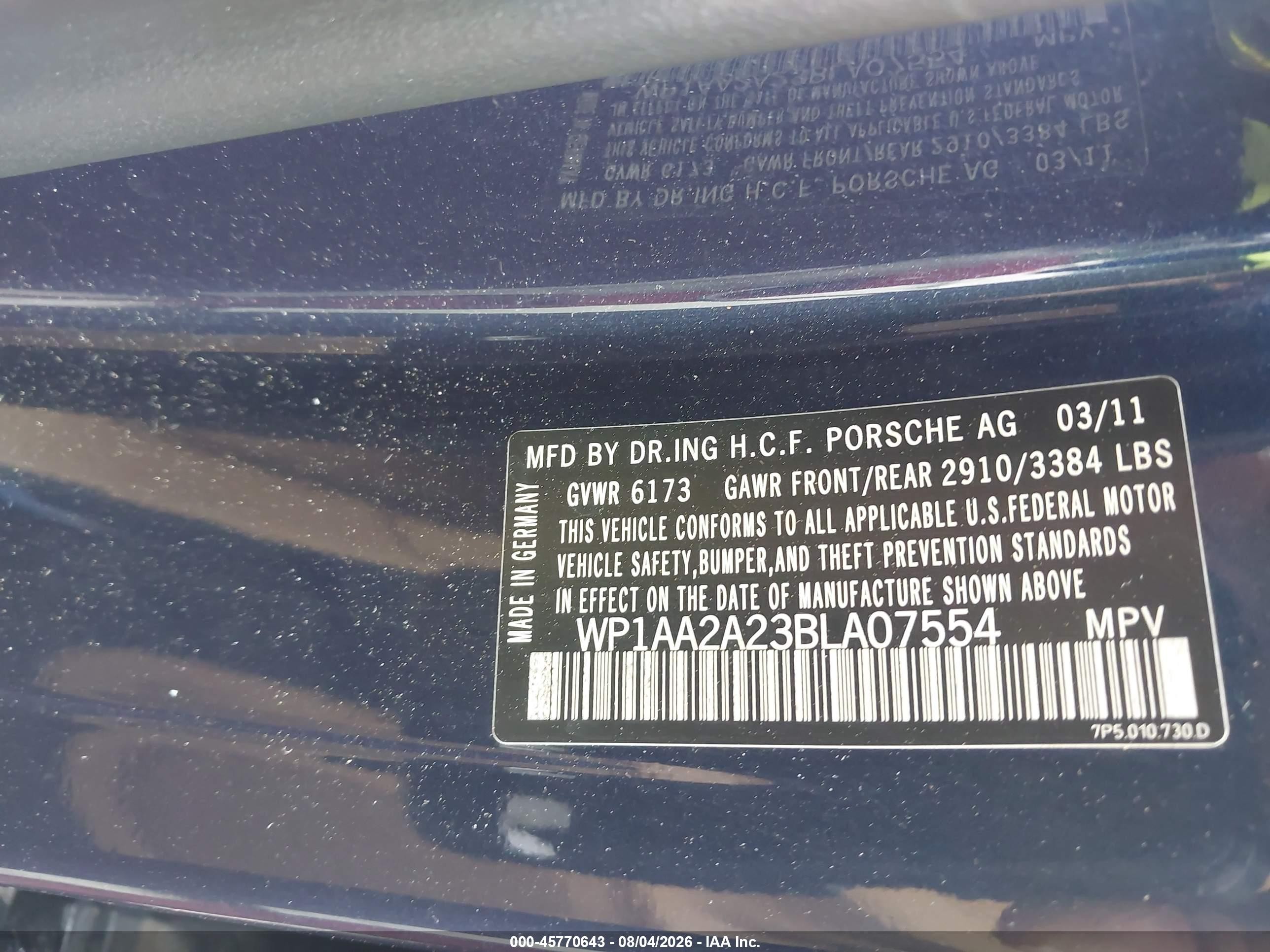 2011 Porsche Cayenne   Dark Blue vin: WP1AA2A23BLA07554