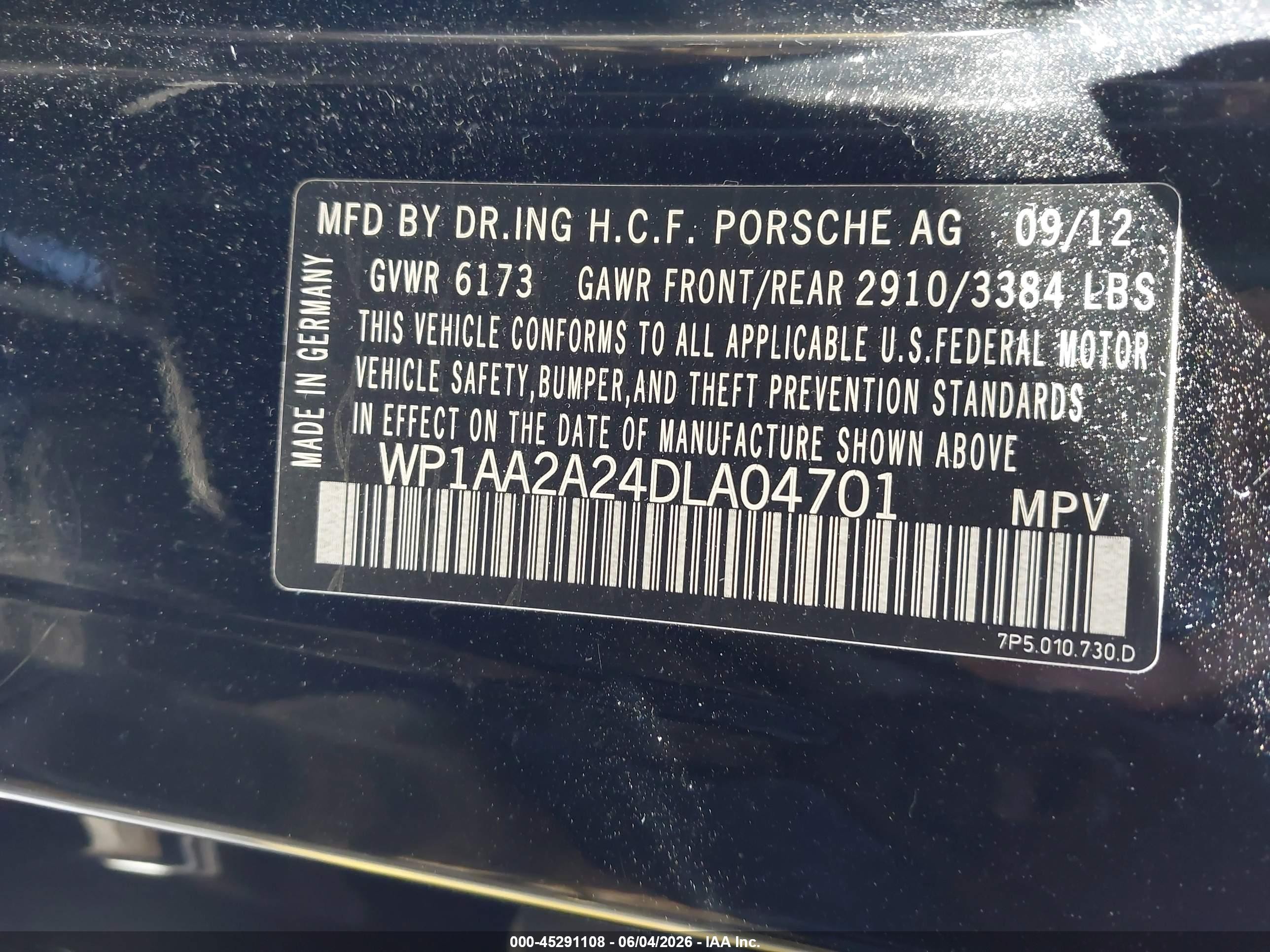 2013 Porsche Cayenne   Black vin: WP1AA2A24DLA04701