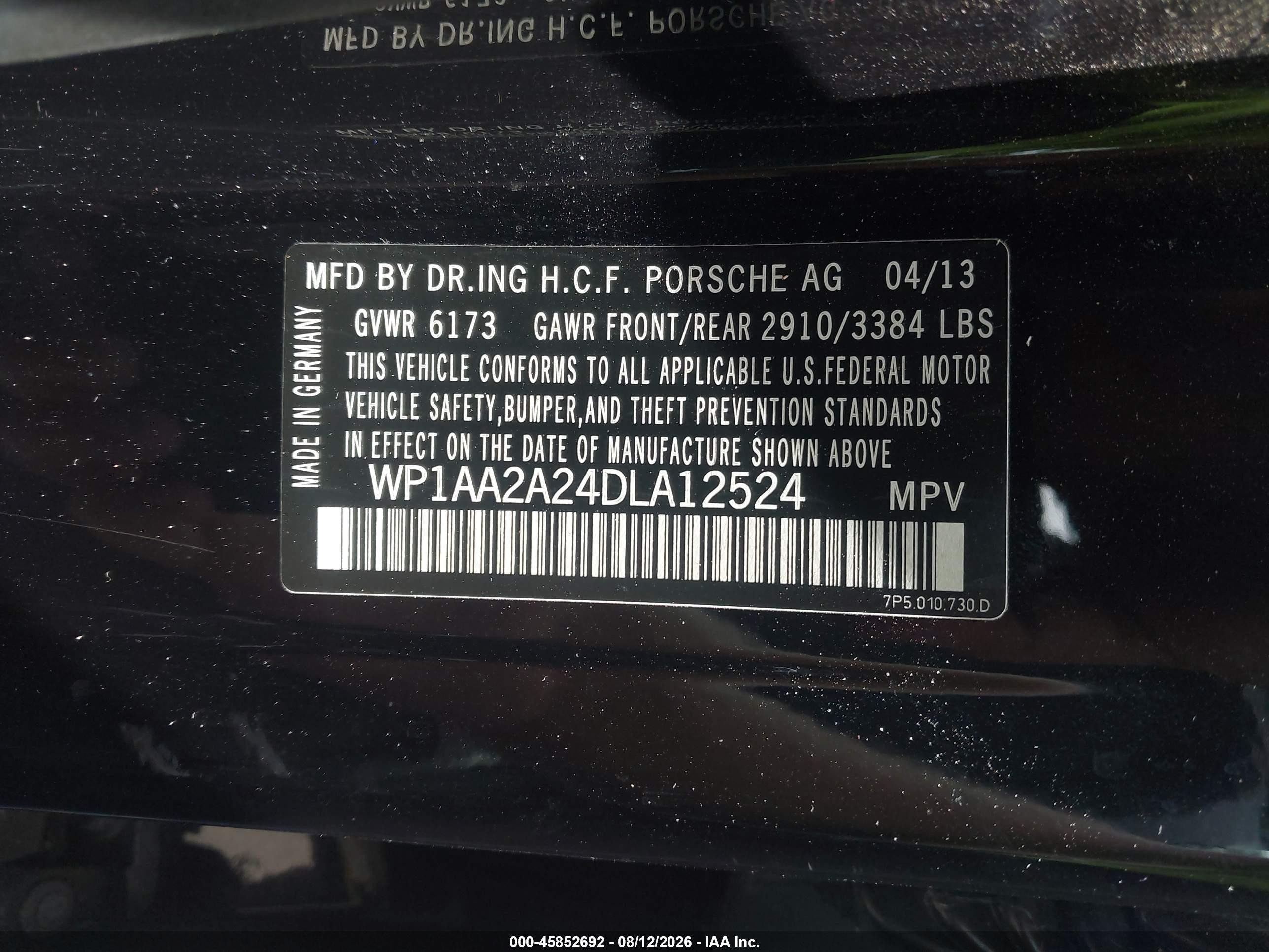 2013 Porsche Cayenne   Black vin: WP1AA2A24DLA12524