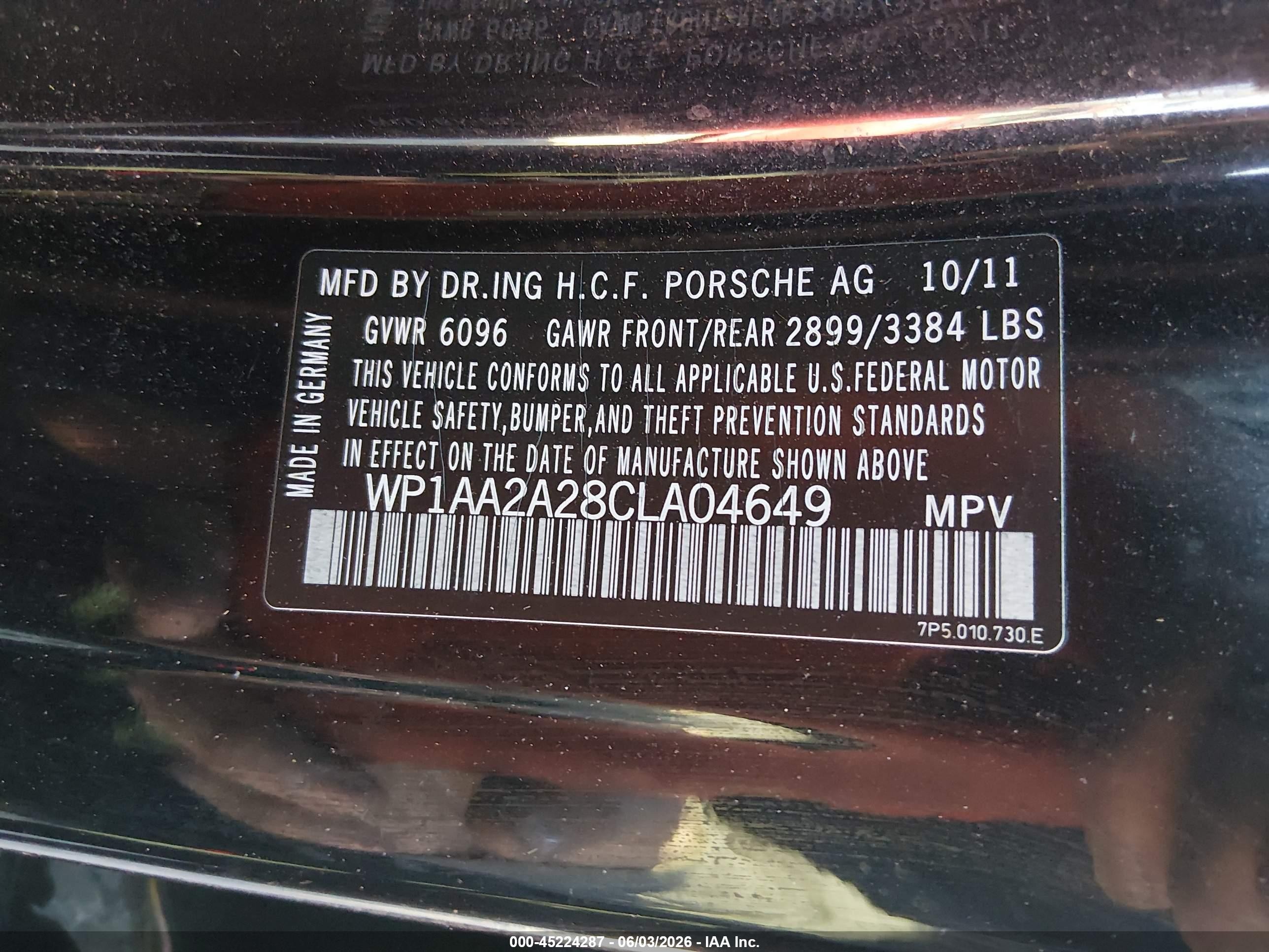 2012 Porsche Cayenne Черный vin: WP1AA2A28CLA04649