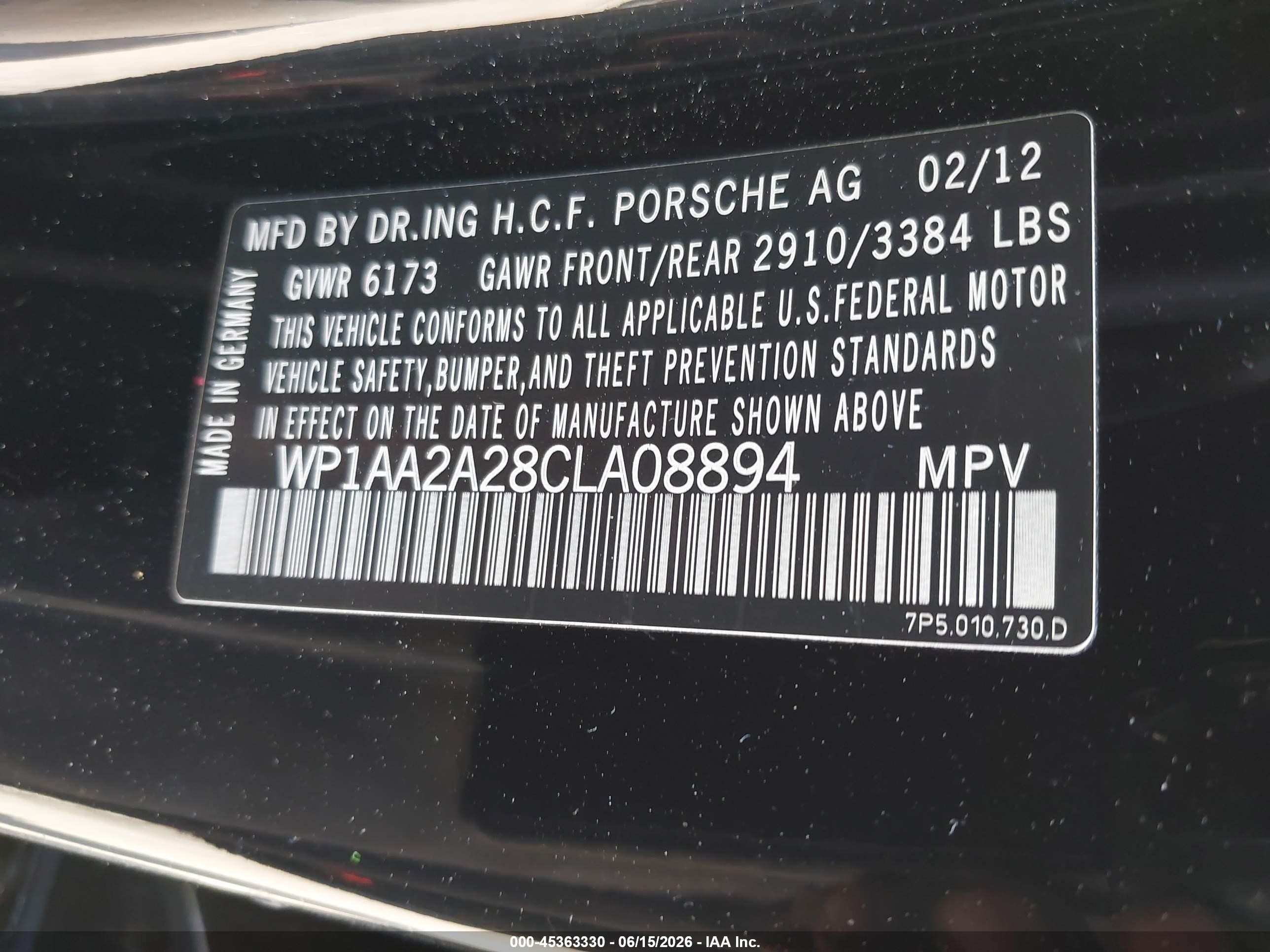 2012 Porsche Cayenne   Black vin: WP1AA2A28CLA08894