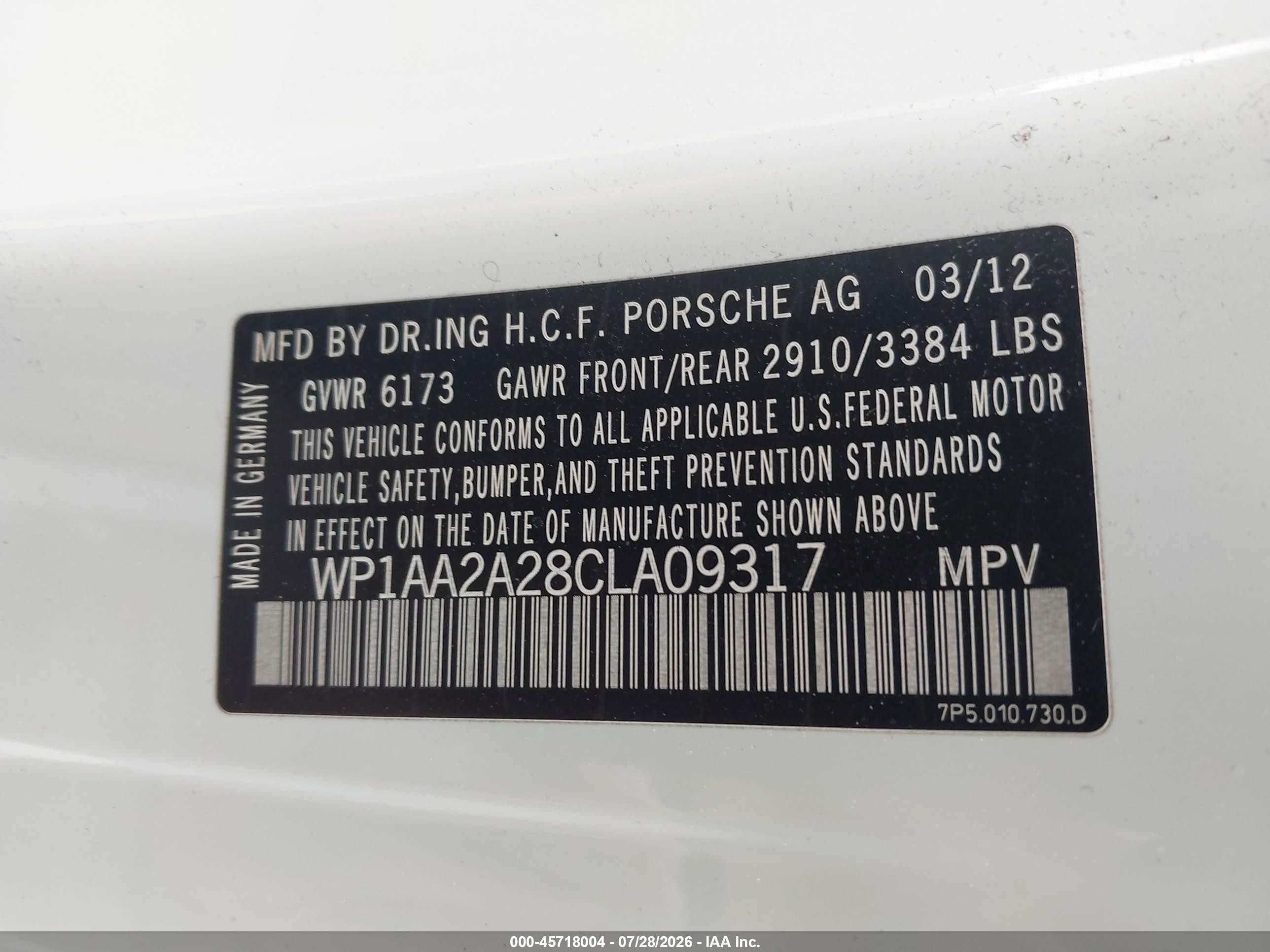 2012 Porsche Cayenne   White vin: WP1AA2A28CLA09317