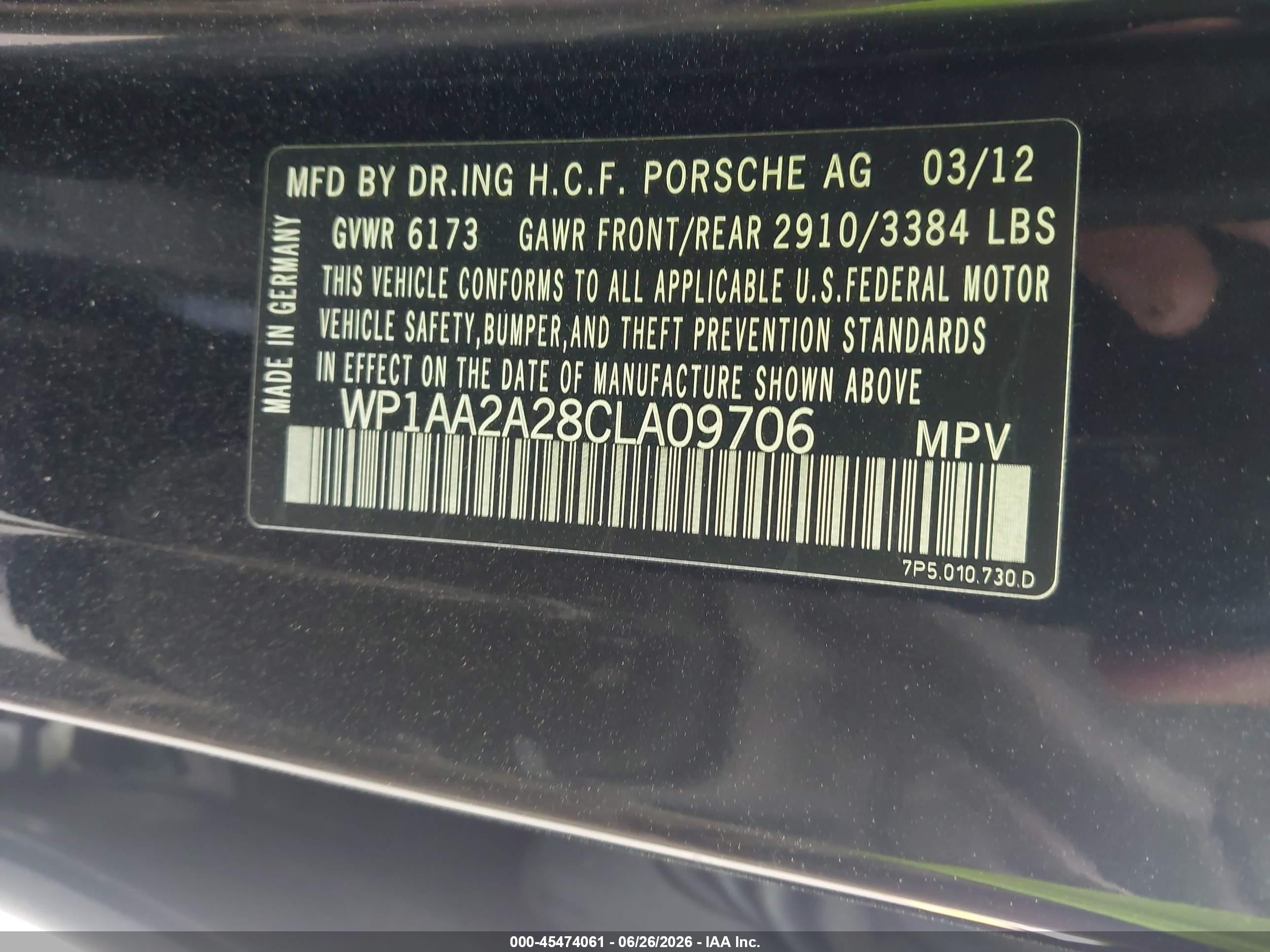 2012 Porsche Cayenne   Black vin: WP1AA2A28CLA09706