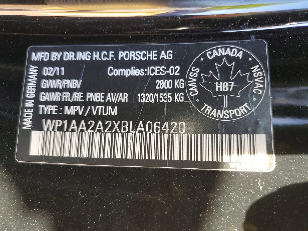 2011 Porsche Cayenne Black vin: WP1AA2A2XBLA06420