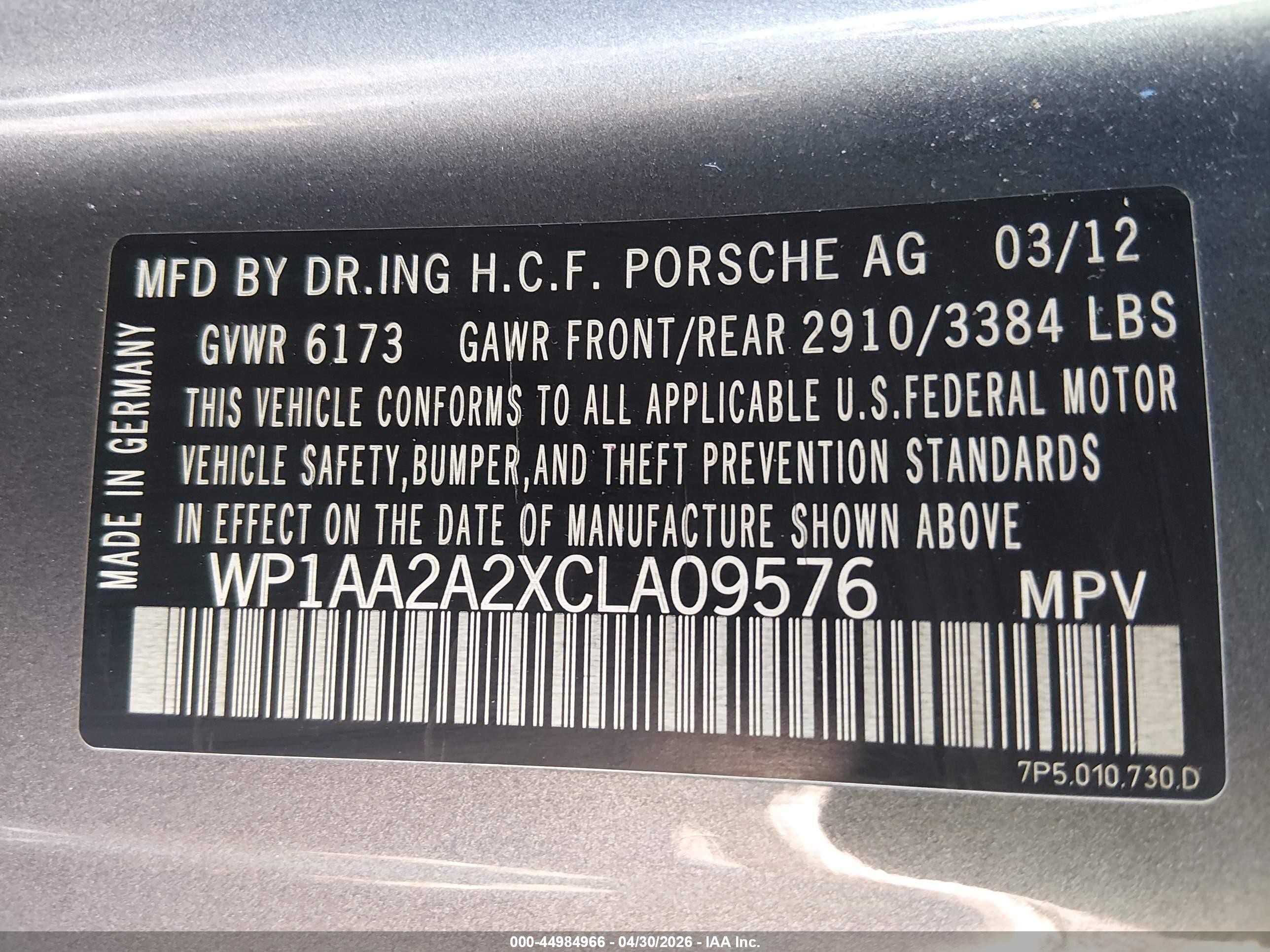 2012 Porsche Cayenne   Champagne vin: WP1AA2A2XCLA09576