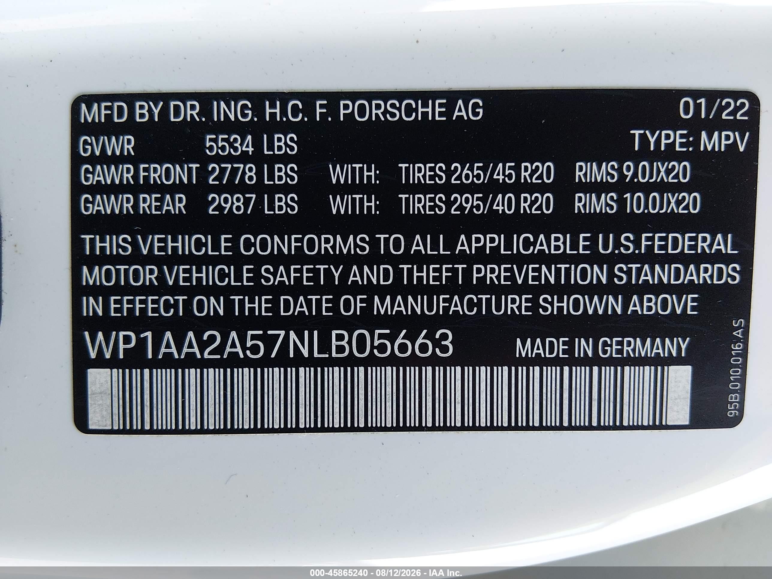 2022 Porsche Macan   White vin: WP1AA2A57NLB05663