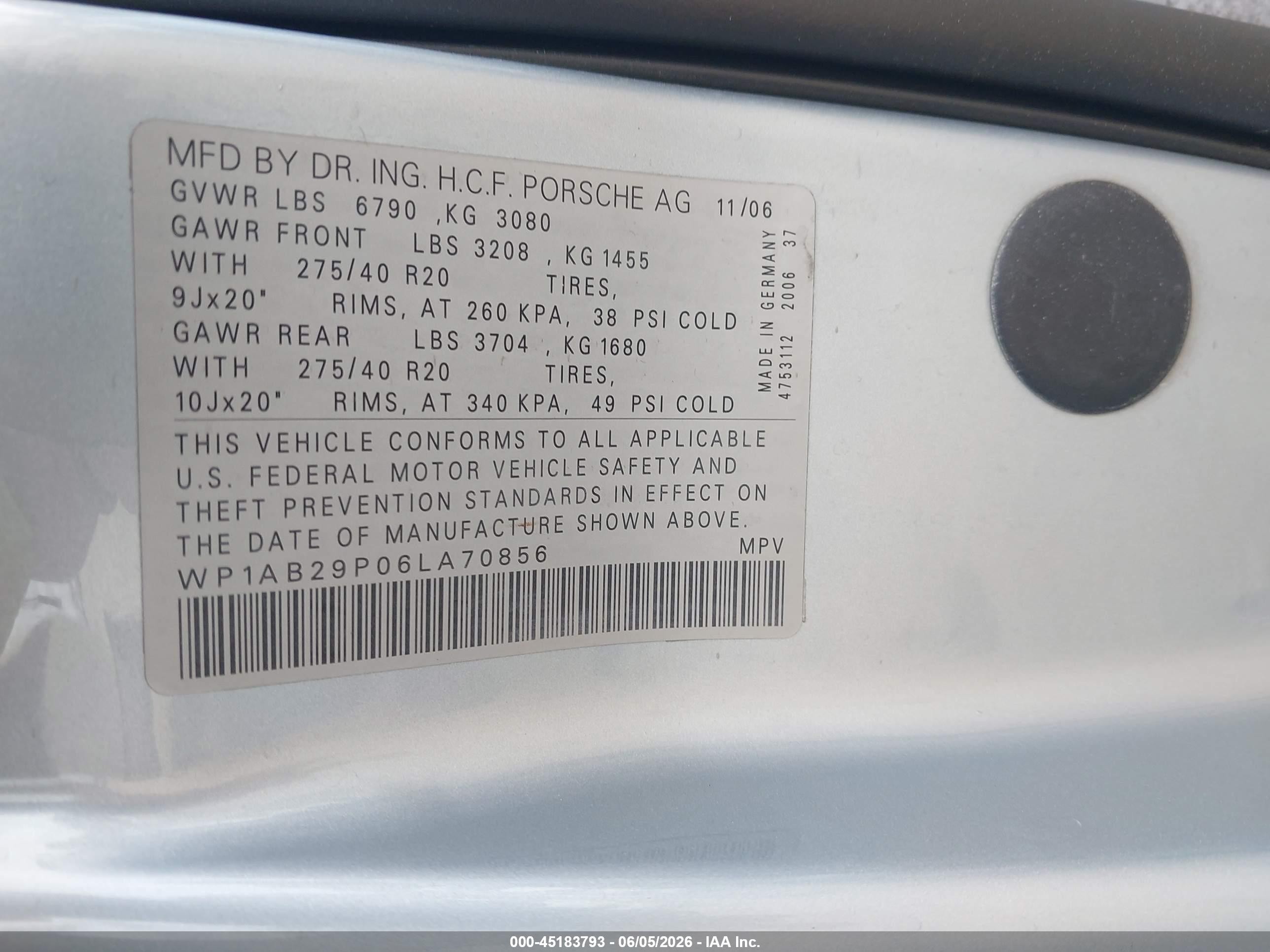 2006 Porsche Cayenne S/s Titanium Edition Blue vin: WP1AB29P06LA70856