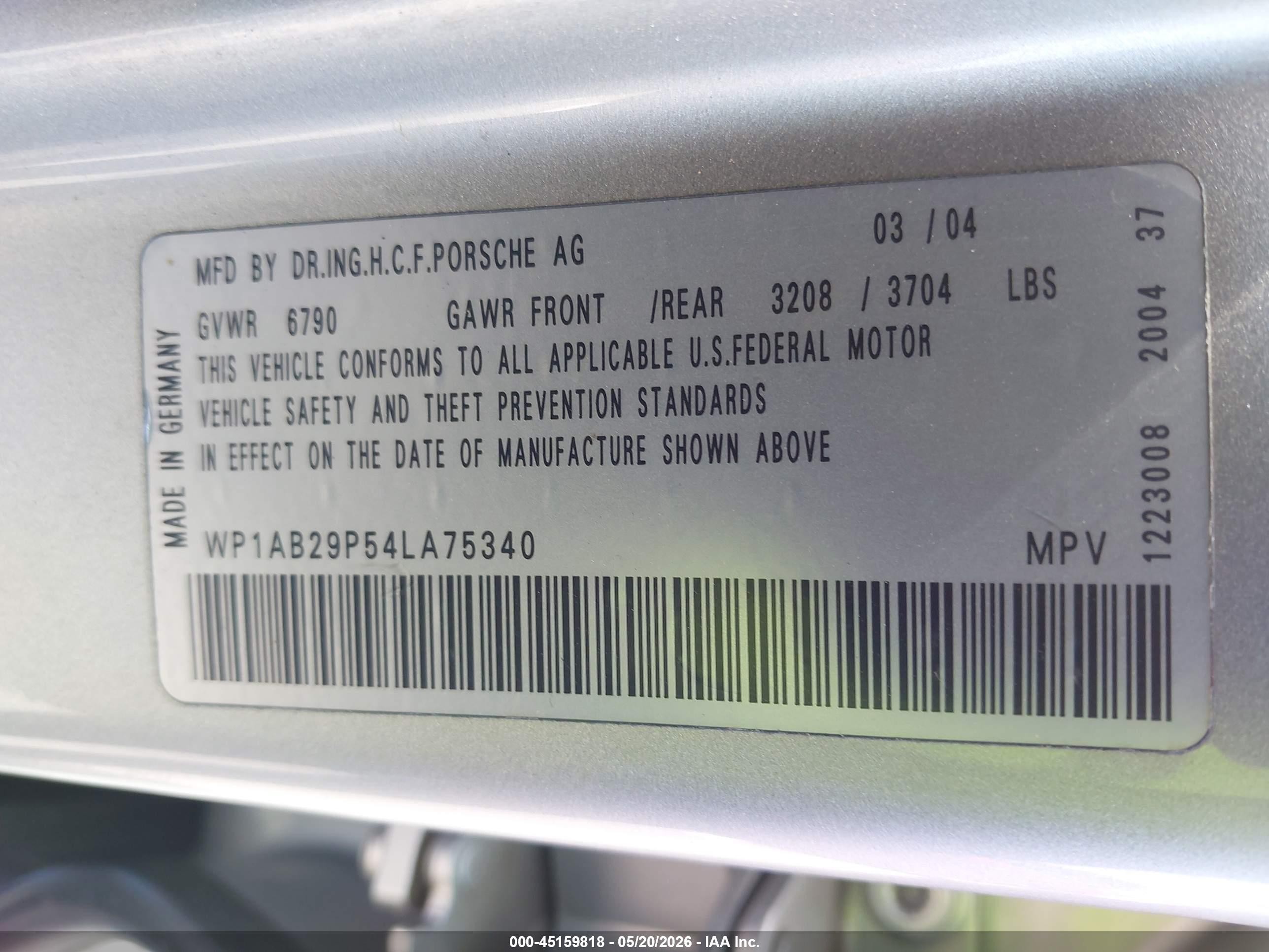 2004 Porsche Cayenne S Silver vin: WP1AB29P54LA75340