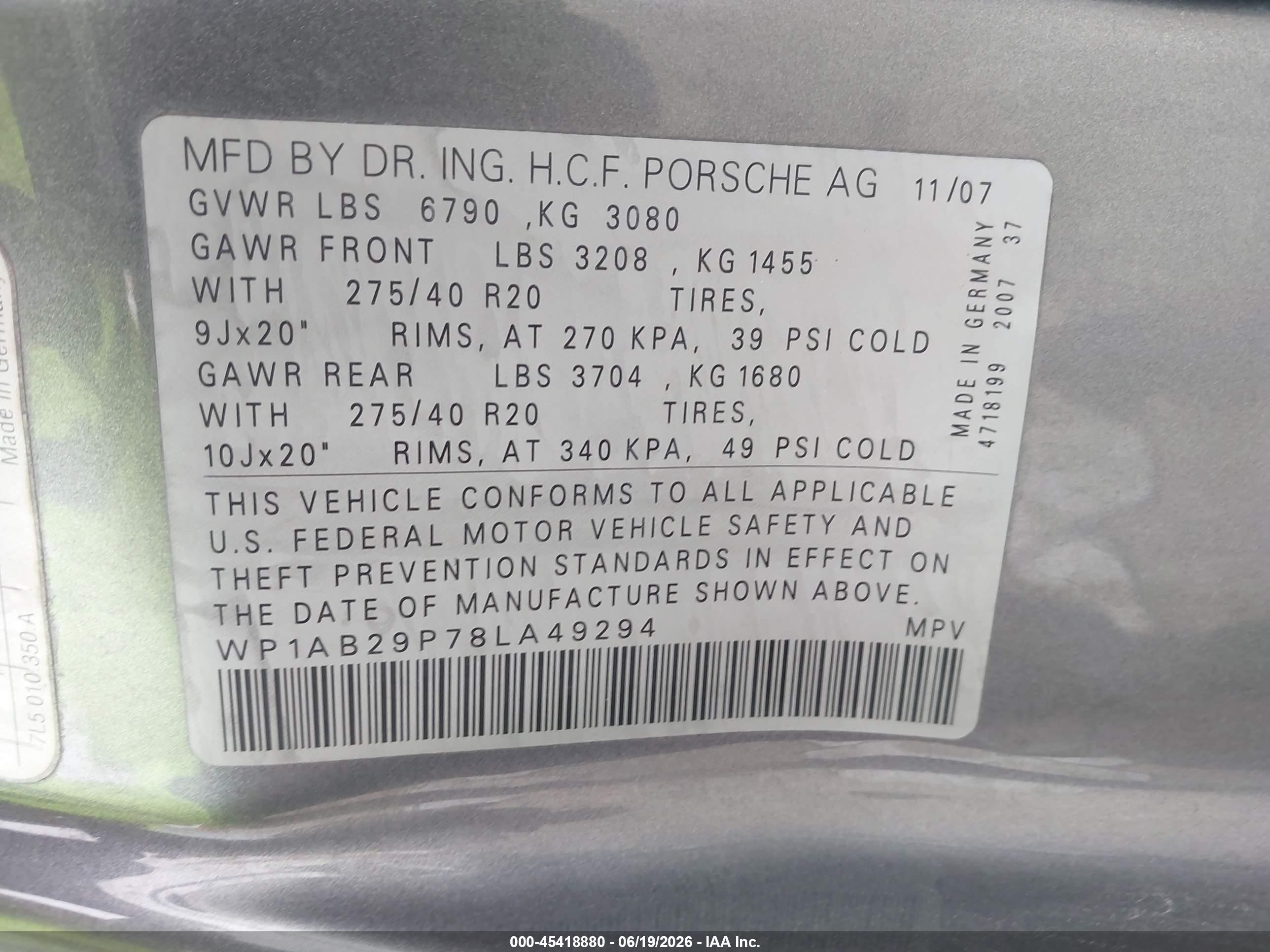 2008 Porsche Cayenne S Gray vin: WP1AB29P78LA49294