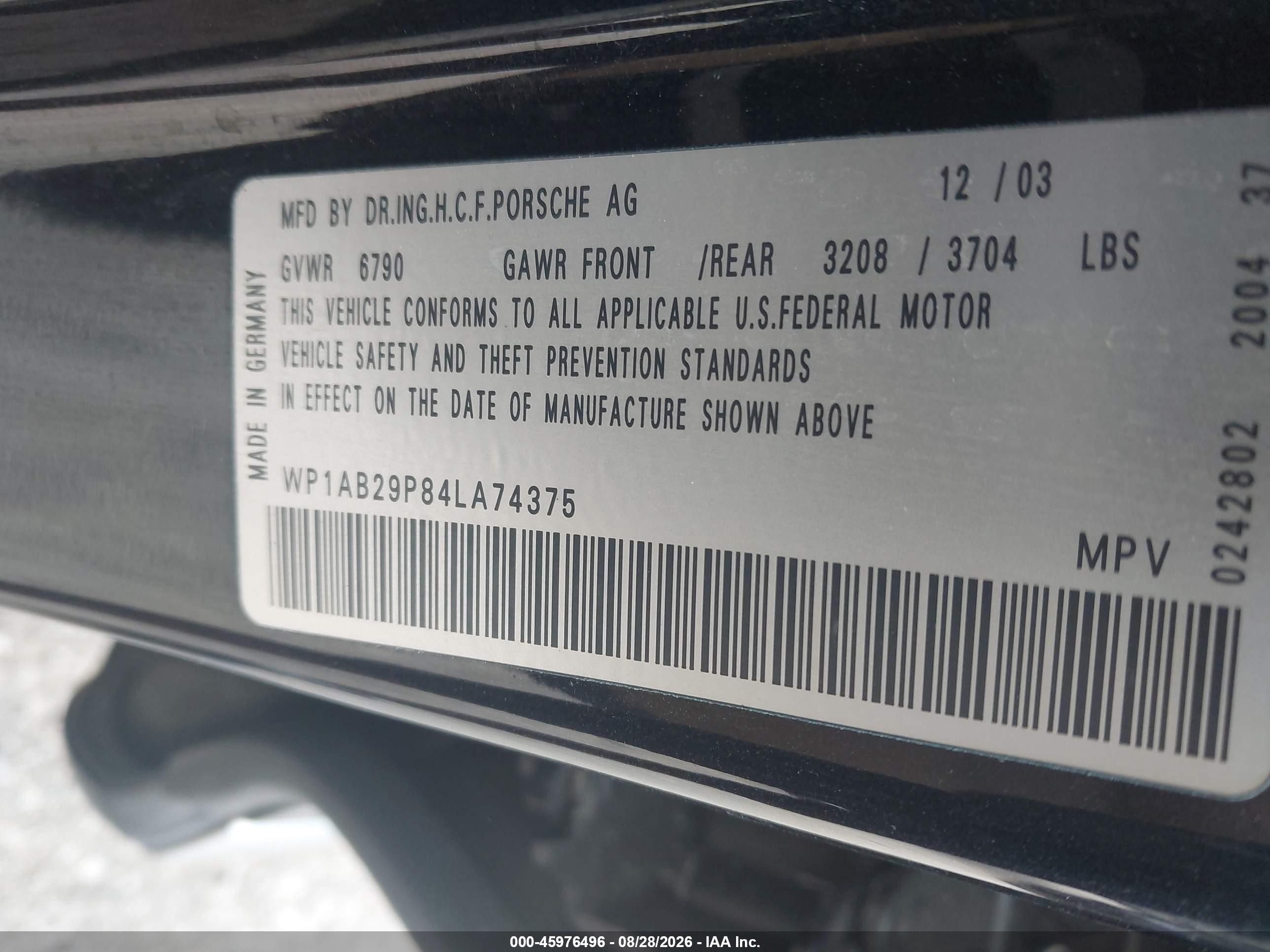 2004 Porsche Cayenne S Black vin: WP1AB29P84LA74375