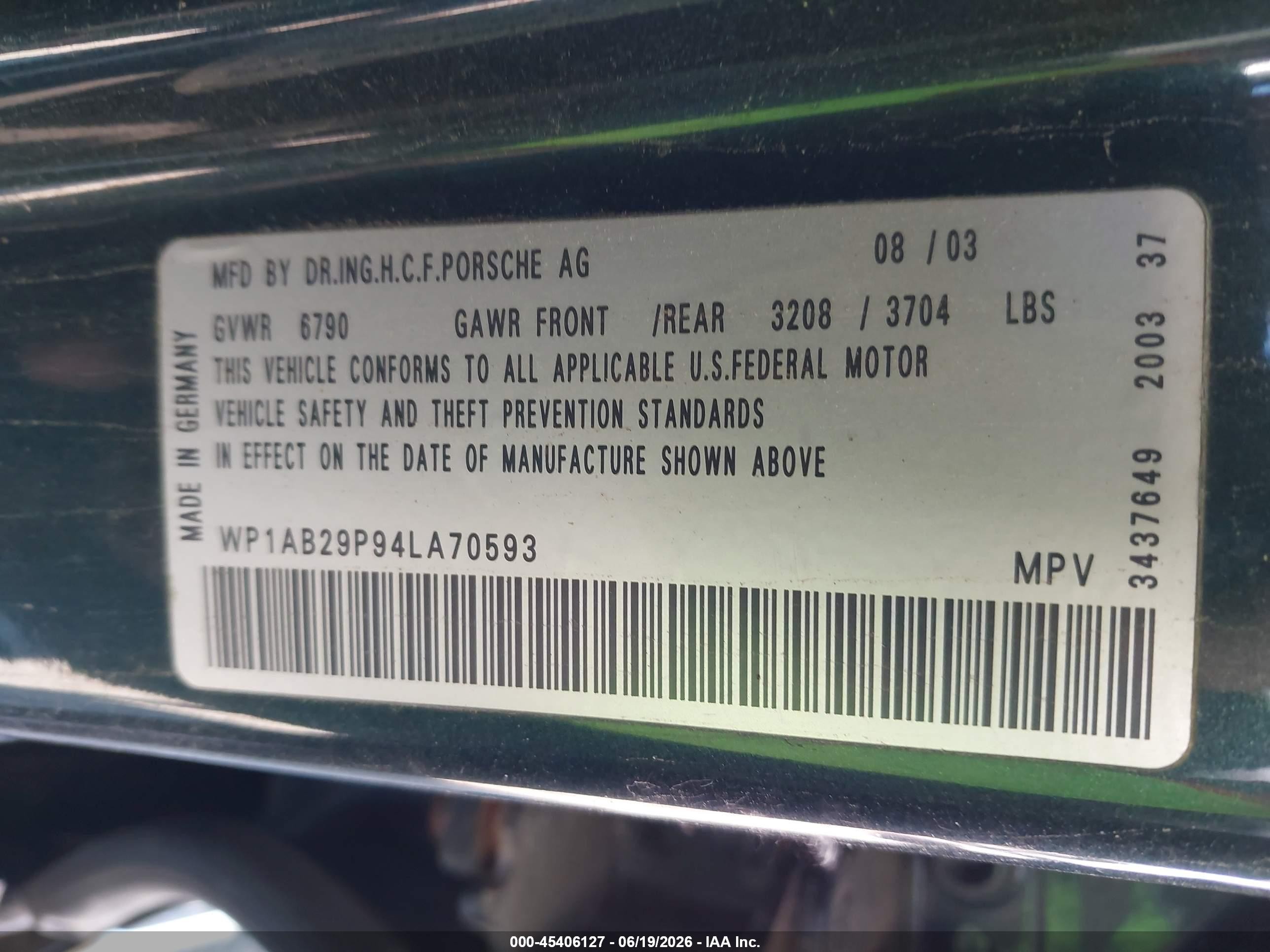2004 Porsche Cayenne S Green vin: WP1AB29P94LA70593