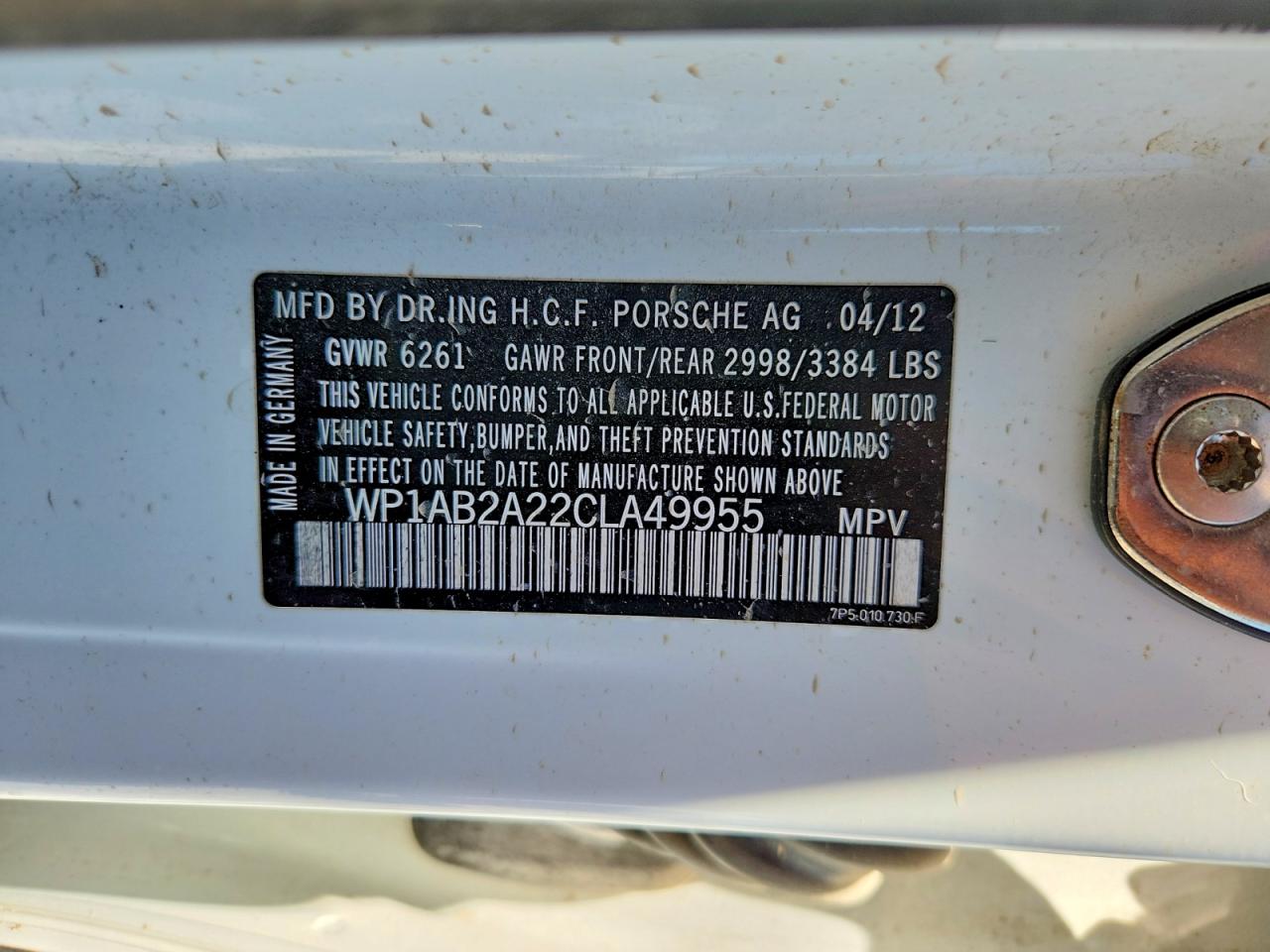 2012 Porsche Cayenne S White vin: WP1AB2A22CLA49955