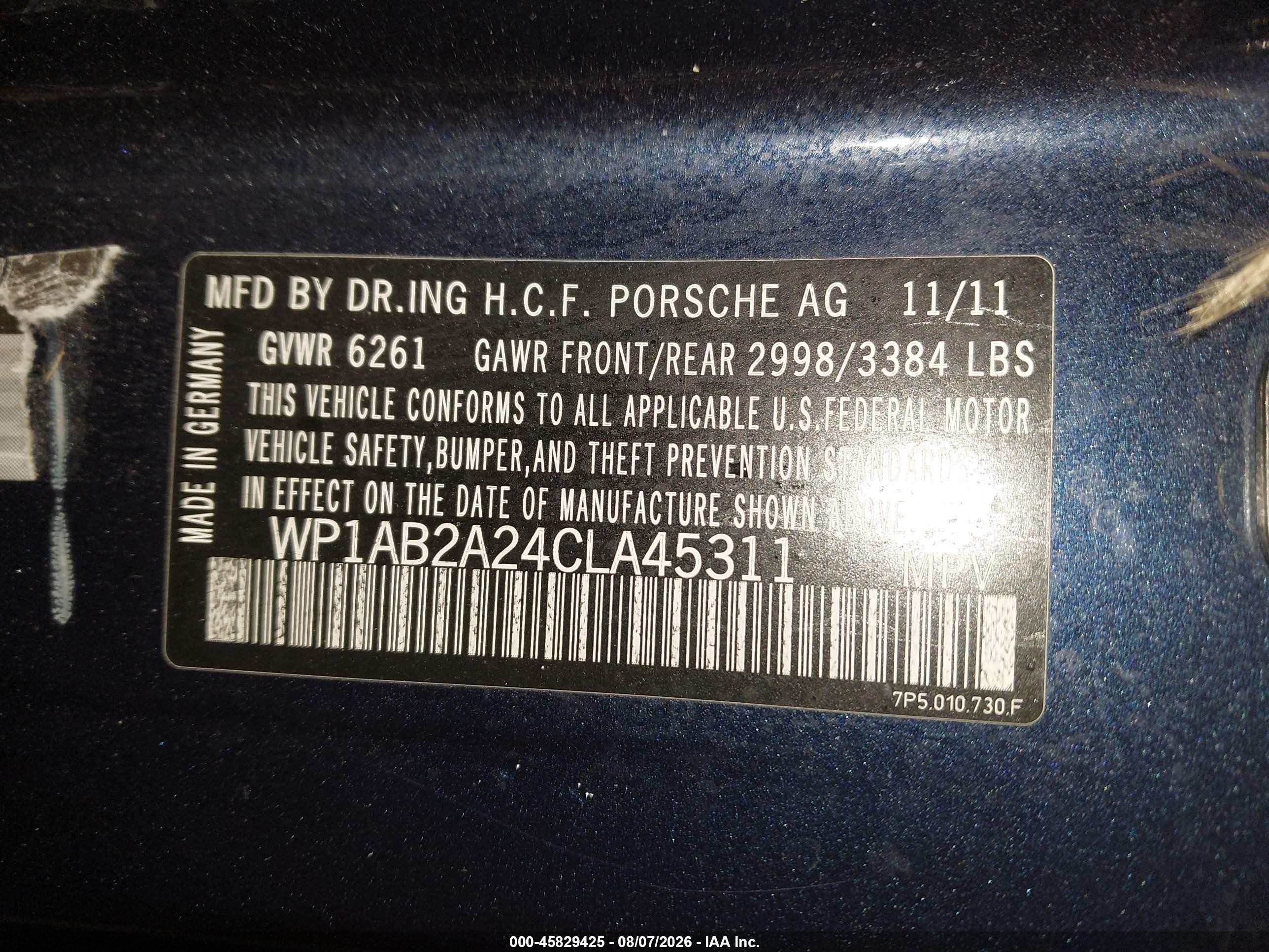 2012 Porsche Cayenne S Blue vin: WP1AB2A24CLA45311