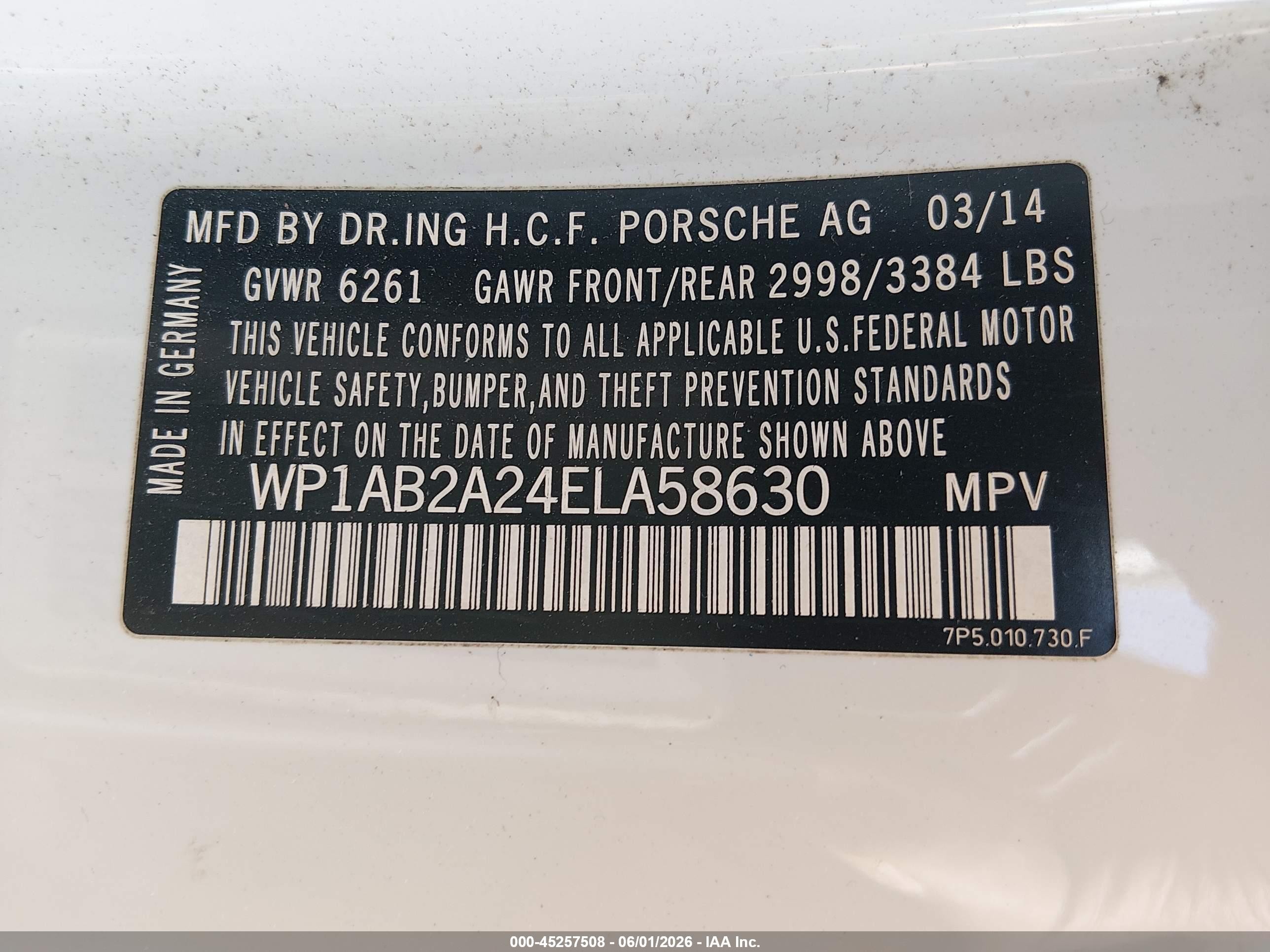 2014 Porsche Cayenne S White vin: WP1AB2A24ELA58630