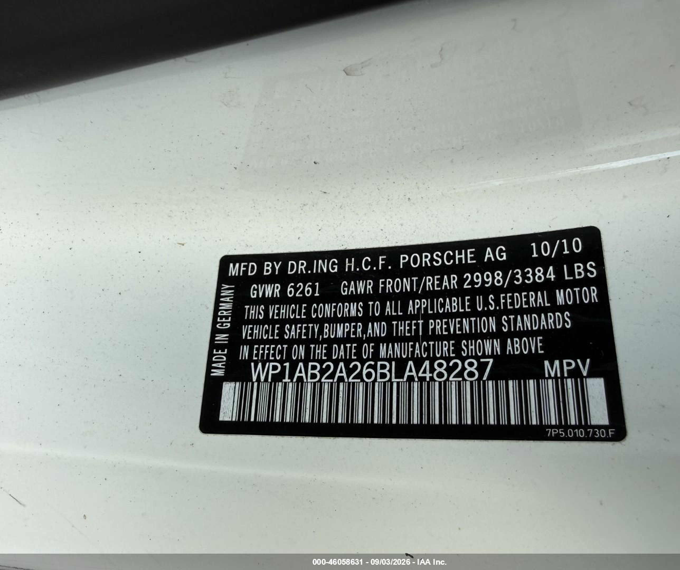 2011 Porsche Cayenne S White vin: WP1AB2A26BLA48287