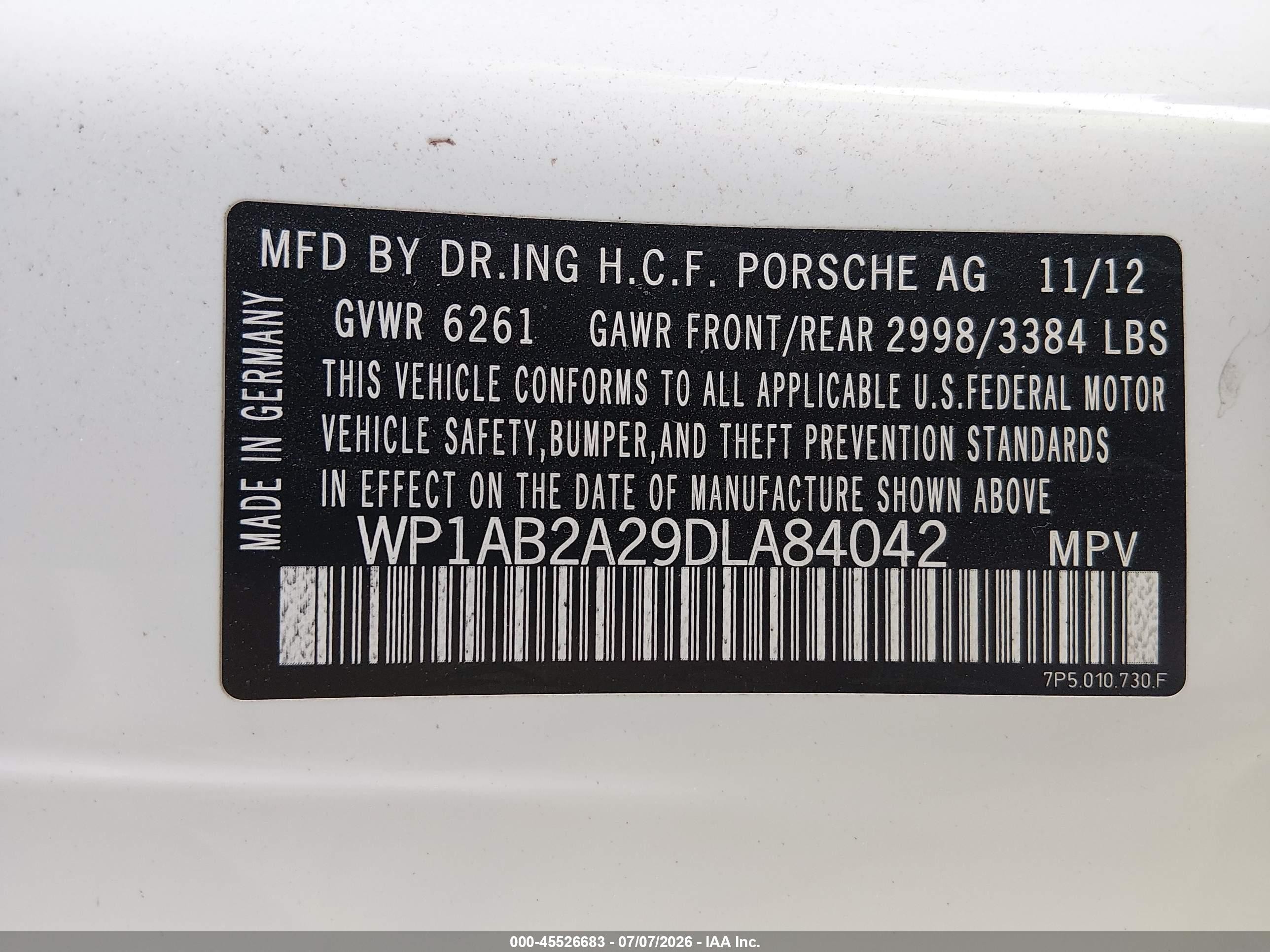 2013 Porsche Cayenne S White vin: WP1AB2A29DLA84042