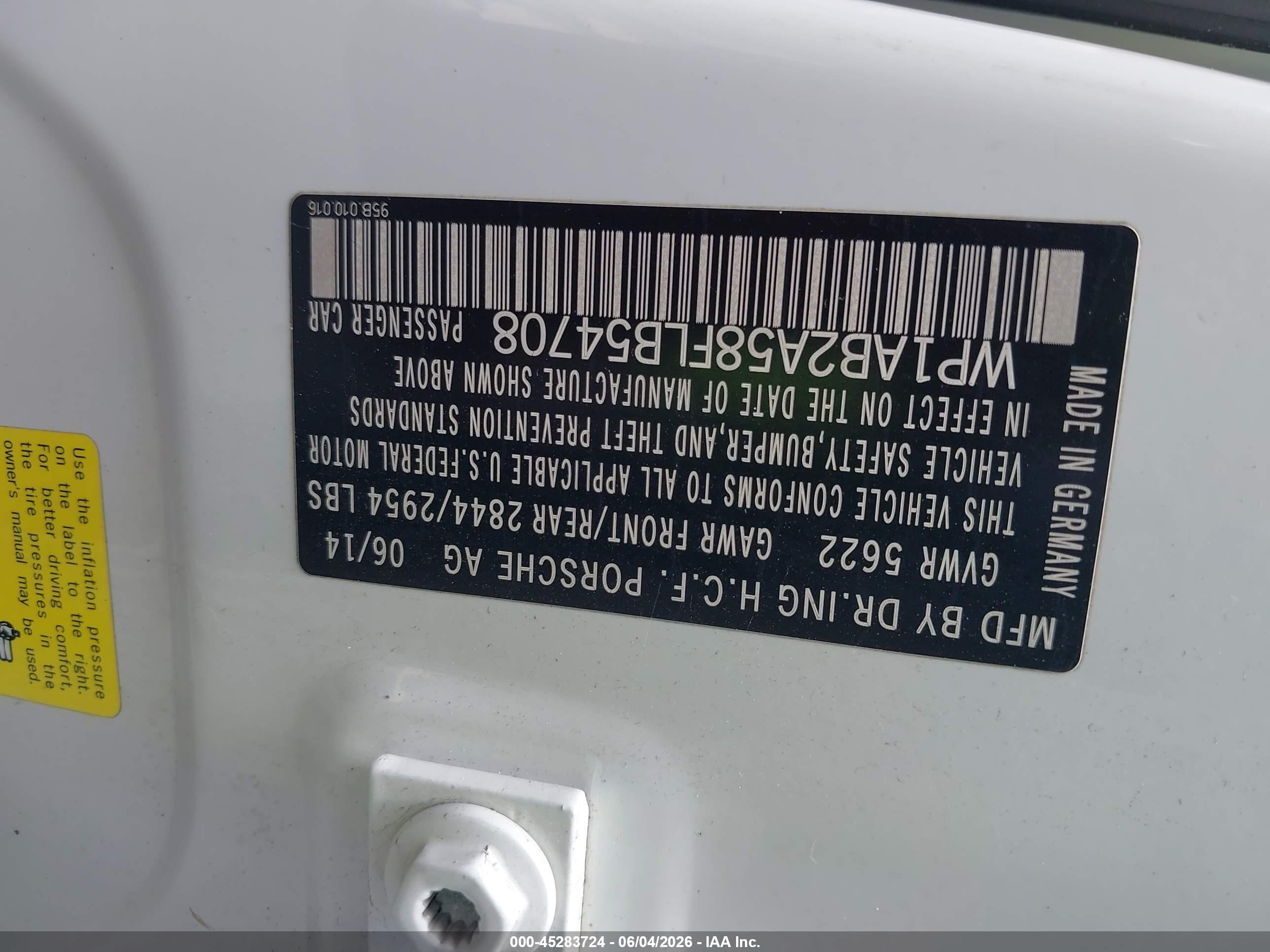 2015 Porsche Macan S White vin: WP1AB2A58FLB54708