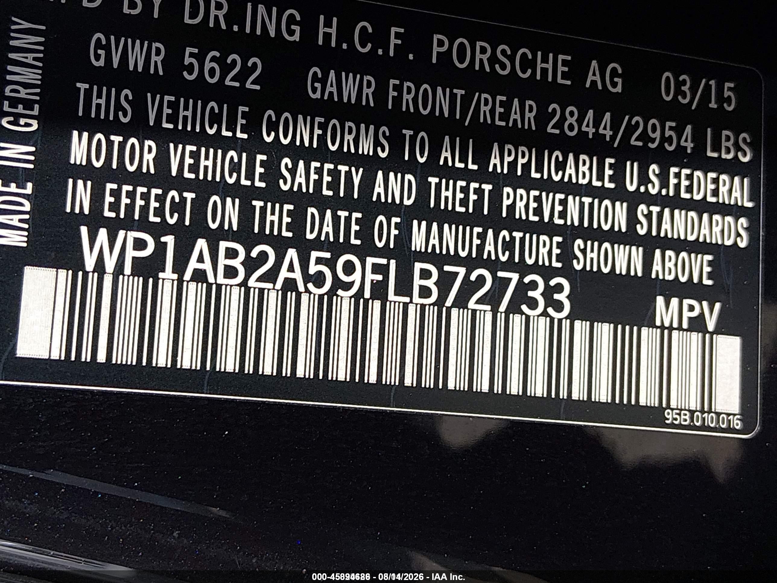 2015 Porsche Macan S Black vin: WP1AB2A59FLB72733