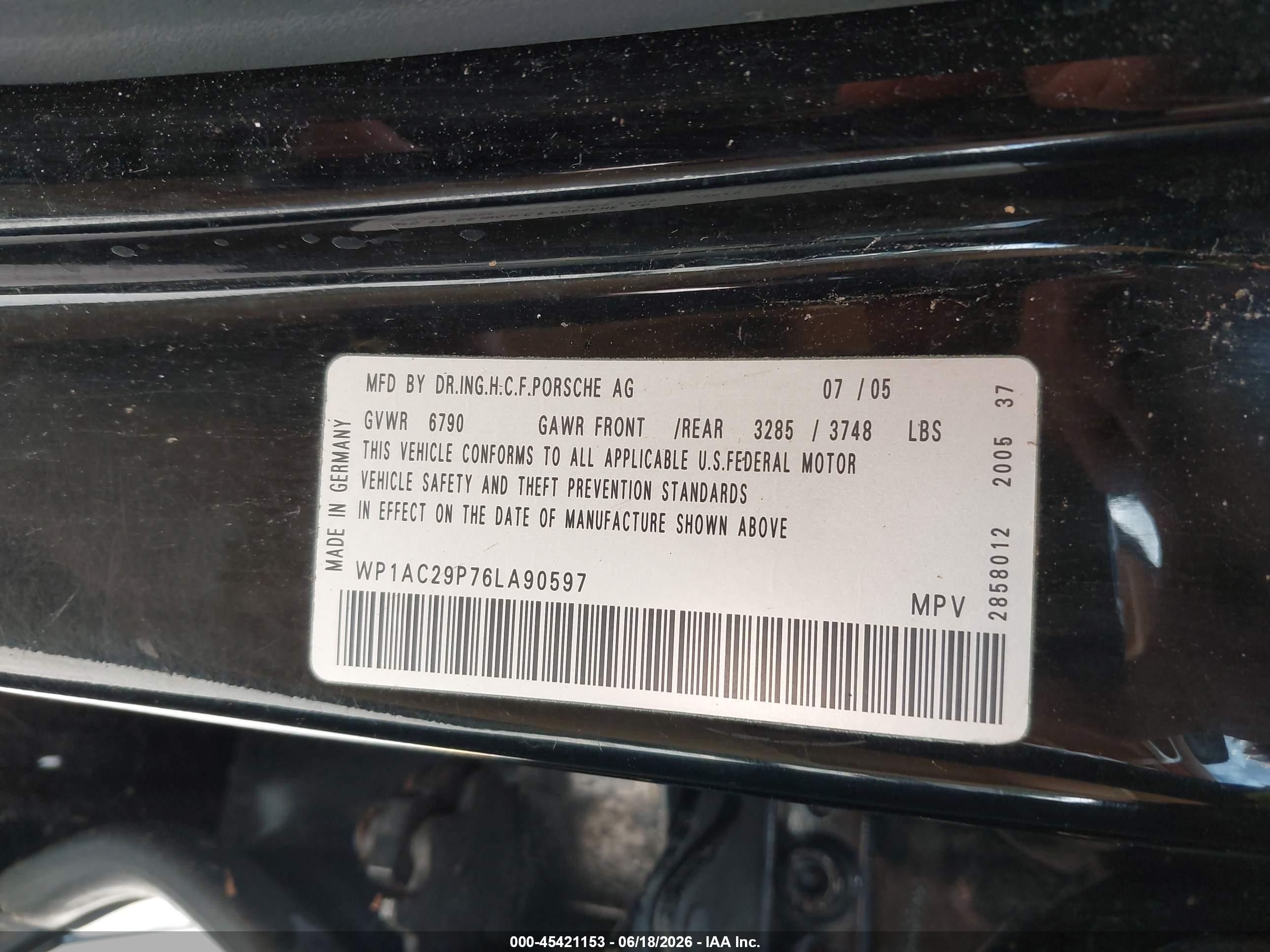 2006 Porsche Cayenne Turbo/turbo S Black vin: WP1AC29P76LA90597