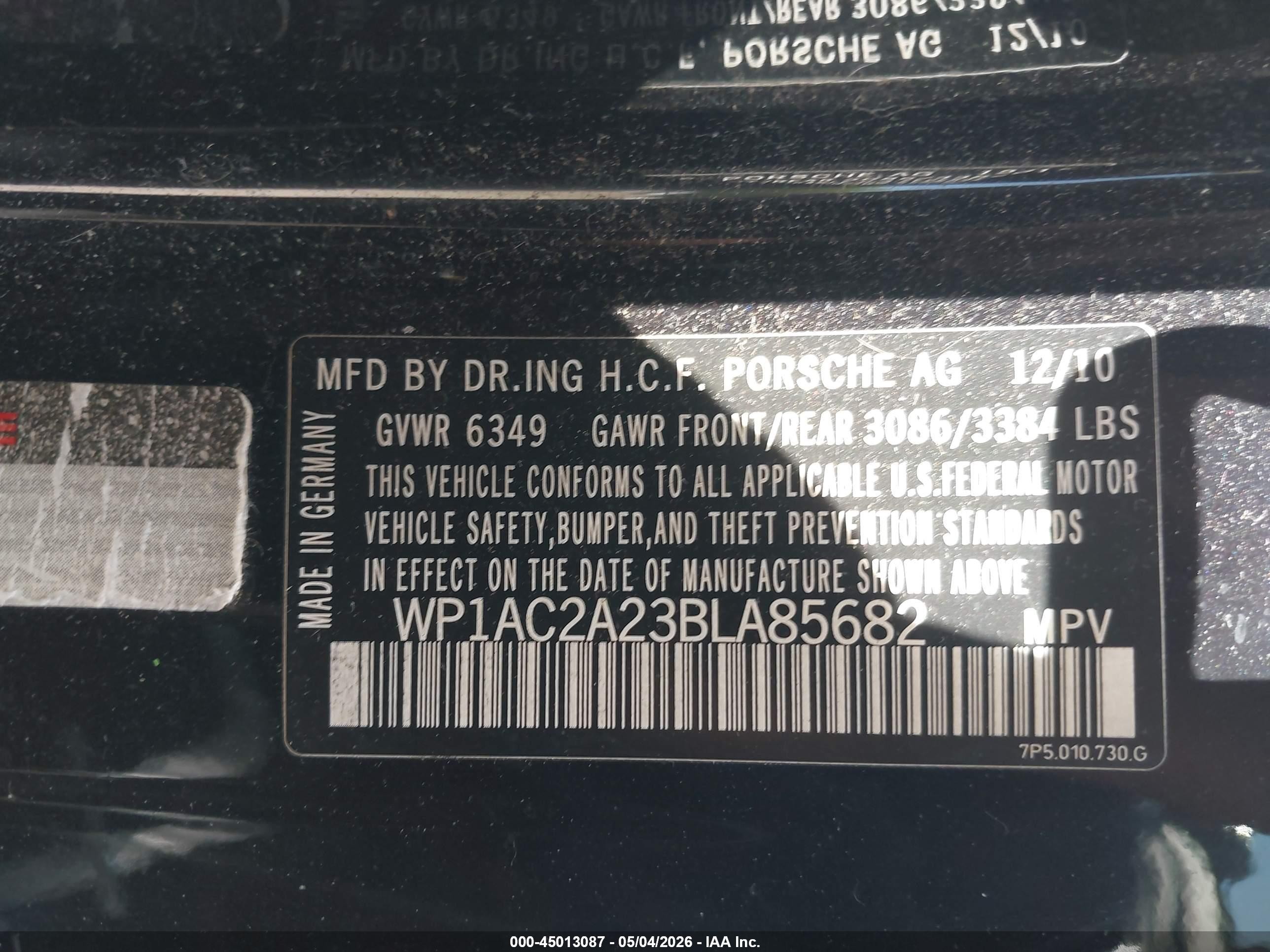 2011 Porsche Cayenne   Black vin: WP1AC2A23BLA85682