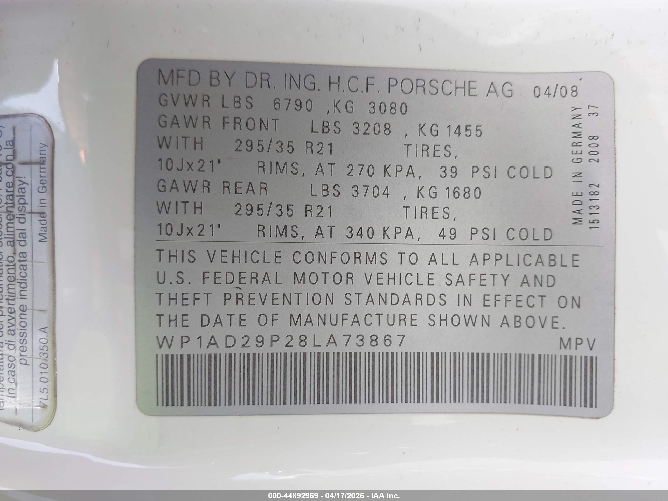 2008 Porsche Cayenne Gts White vin: WP1AD29P28LA73867