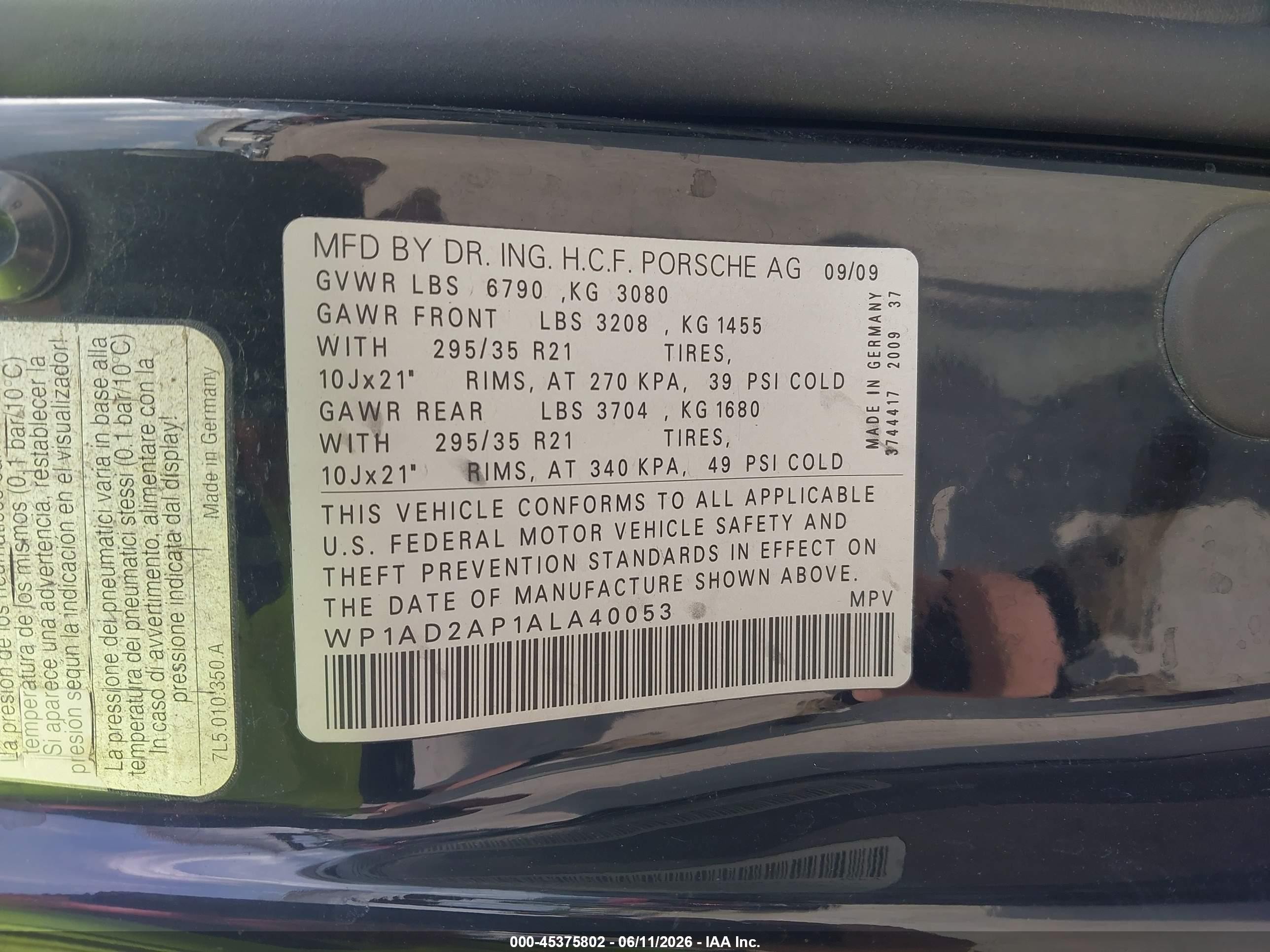 2010 Porsche Cayenne S Transsyberia Black vin: WP1AD2AP1ALA40053
