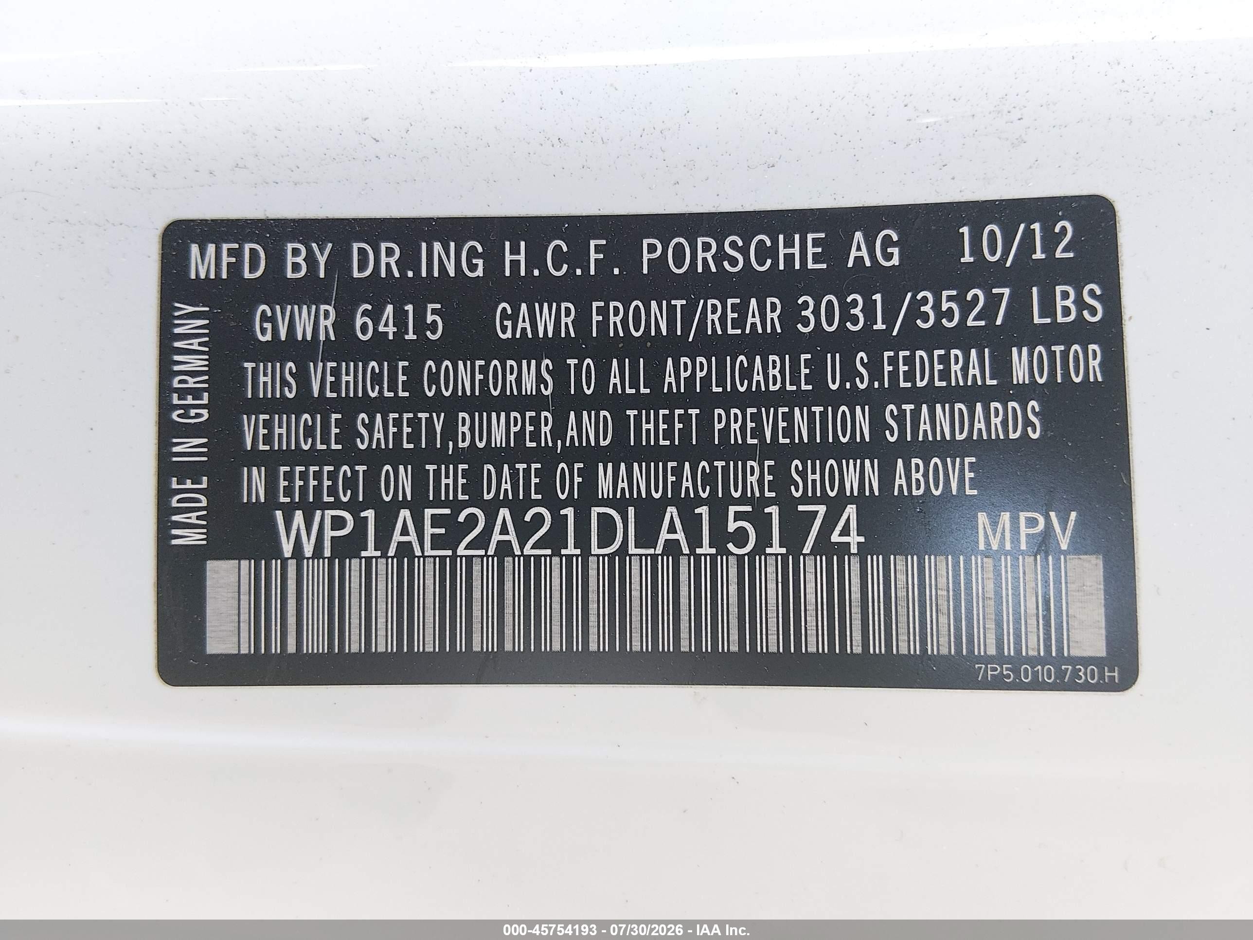 2013 Porsche Cayenne Hybrid S White vin: WP1AE2A21DLA15174